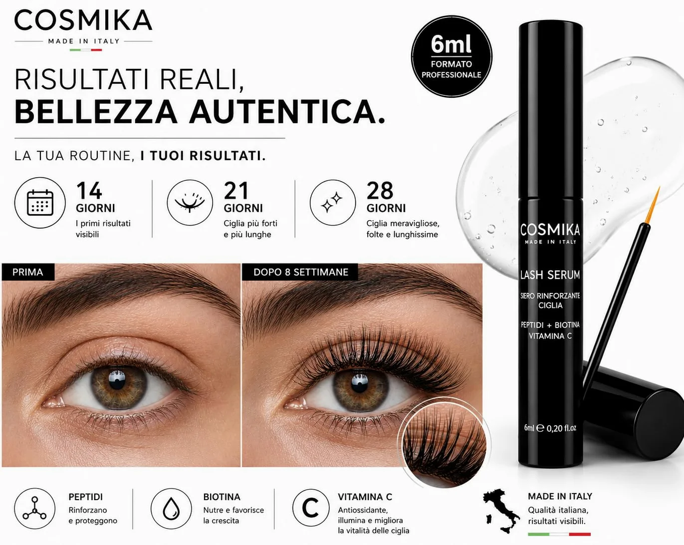 Siero Ciglia Allungante e Volumizzante MADE IN ITALY, Peptidi E Biotina per Ciglia e Sopracciglia, Flacone 6ml