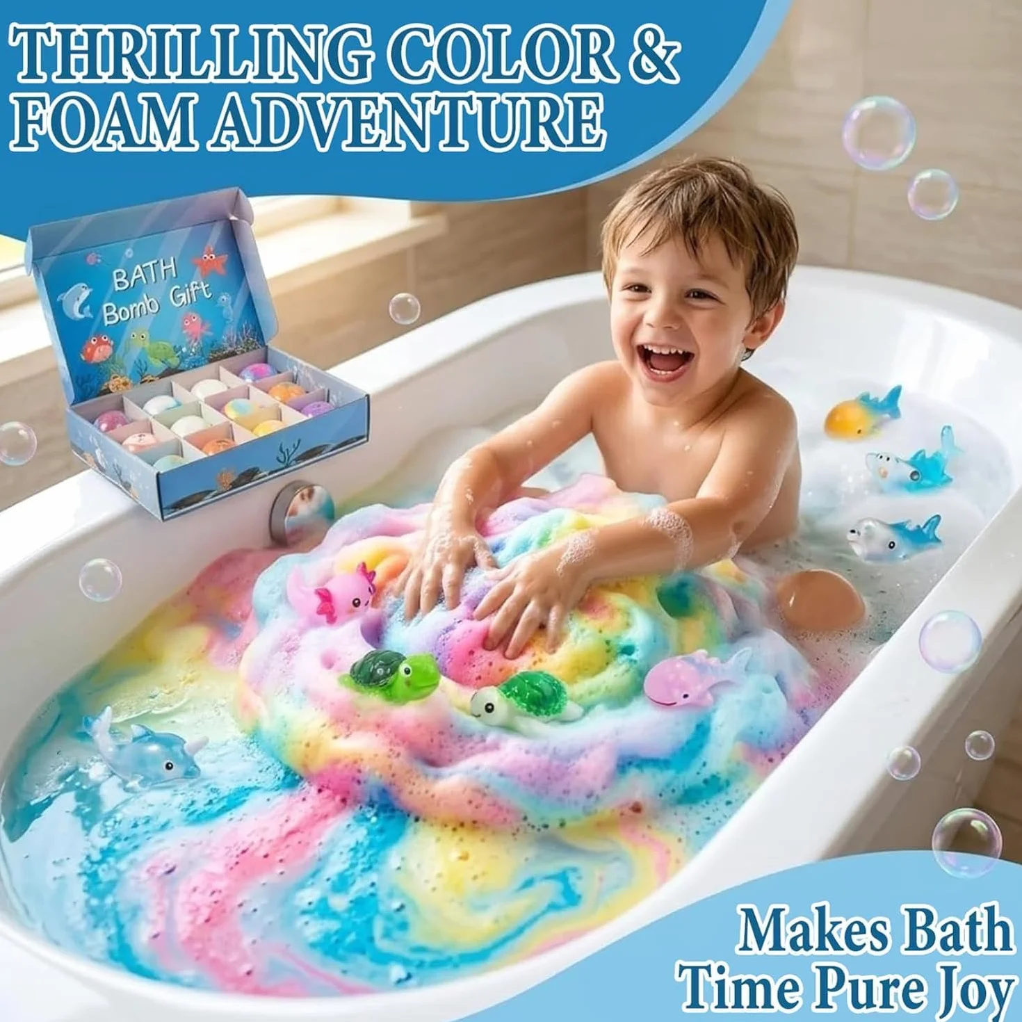 STOAT Bombe da Bagno Bambini con Sorpresa, 12Pz Scatola Regalo con Giocattoli, Naturali Bio, Schiuma Bagno Delicata per Ragazzi