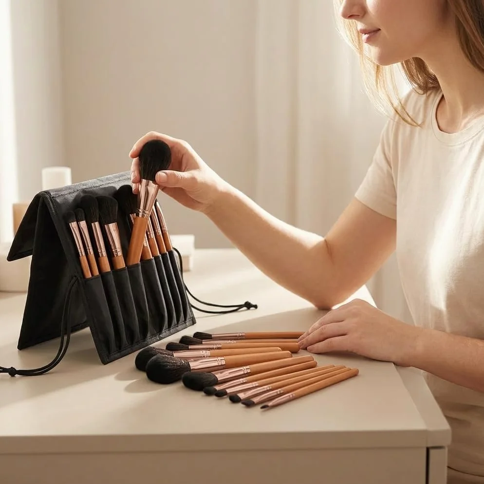 Set Pennelli Trucco 17 Pezzi Fibra, Impugnatura, Pennelli Trucco, Sfumature, Per e Sorelle, Set di 17 pennelli per trucco rosso acero con borsa pieghevole nera con coulisse