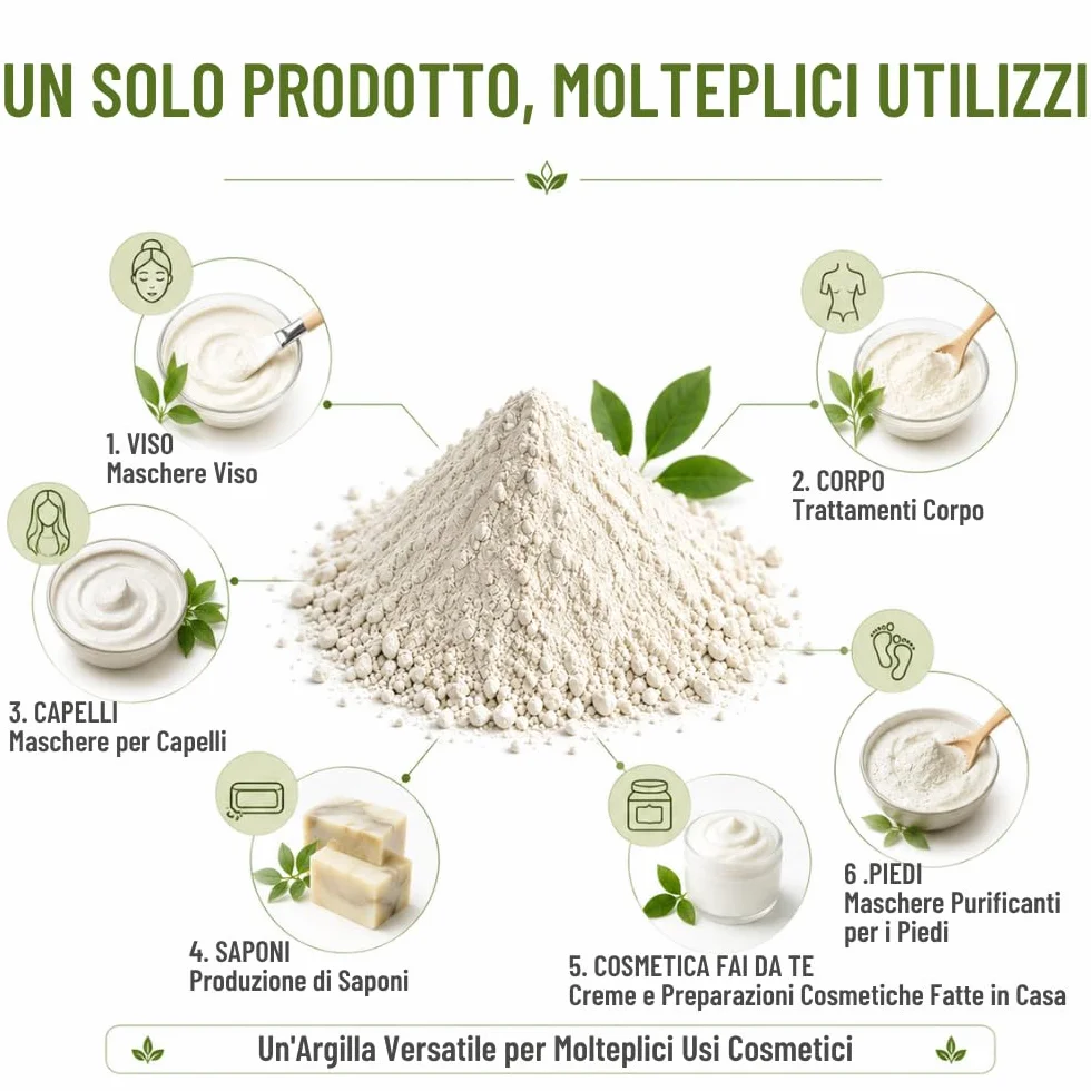 Argilla Bianca di Kaolin | 500 gr | Per la Cura della Pelle e dei Capelli | Esfoliante e Lenitivo | Ringiovanisce, calma e ammorbidisce la pelle