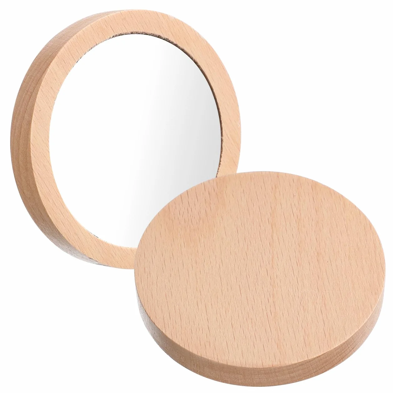 Confezione da 2 piccoli specchietti tascabili in legno, rotondi, compatti, portatili, per borsa da donna da 6 5 cm e 7 5 cm, ideale per bambini e bambini