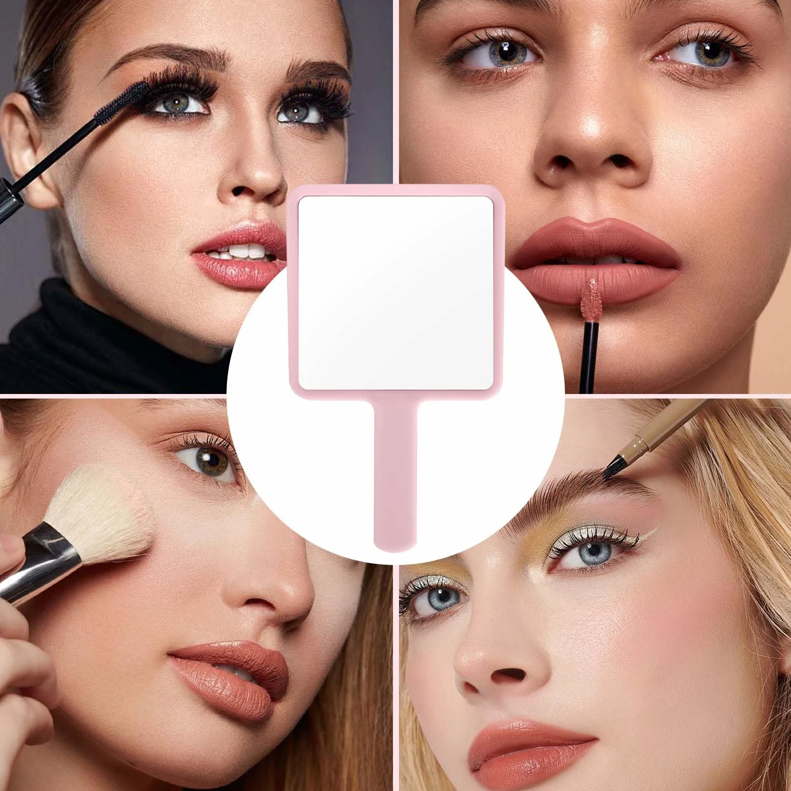 Naapesi Specchio a Mano,Specchio Trucco Portatile con Manico,Specchio Cosmetico Quadrato,Specchietto Dentista,Specchio Barbiere con Comoda Maniglia,Perfetto per Radersi o Applicare il Trucco (Rosa)