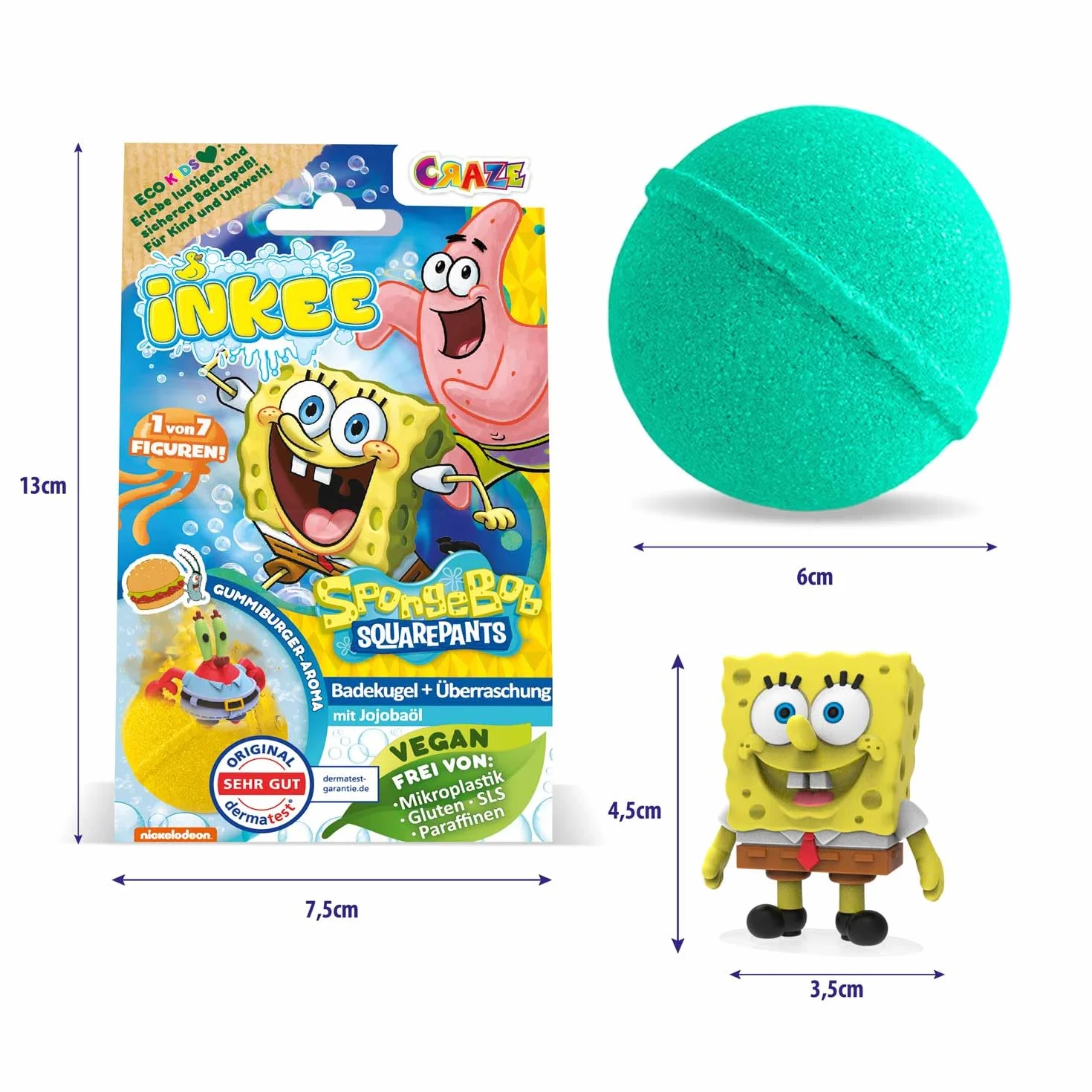 INKEE SpongeBob SquarePants confezione da 5 bombe da bagno per bambini con sorpresa - figure collezionabili di SpongeBob - 5x sfere da bagno da 80 g al gusto di gomma da masticare e olio di jojoba