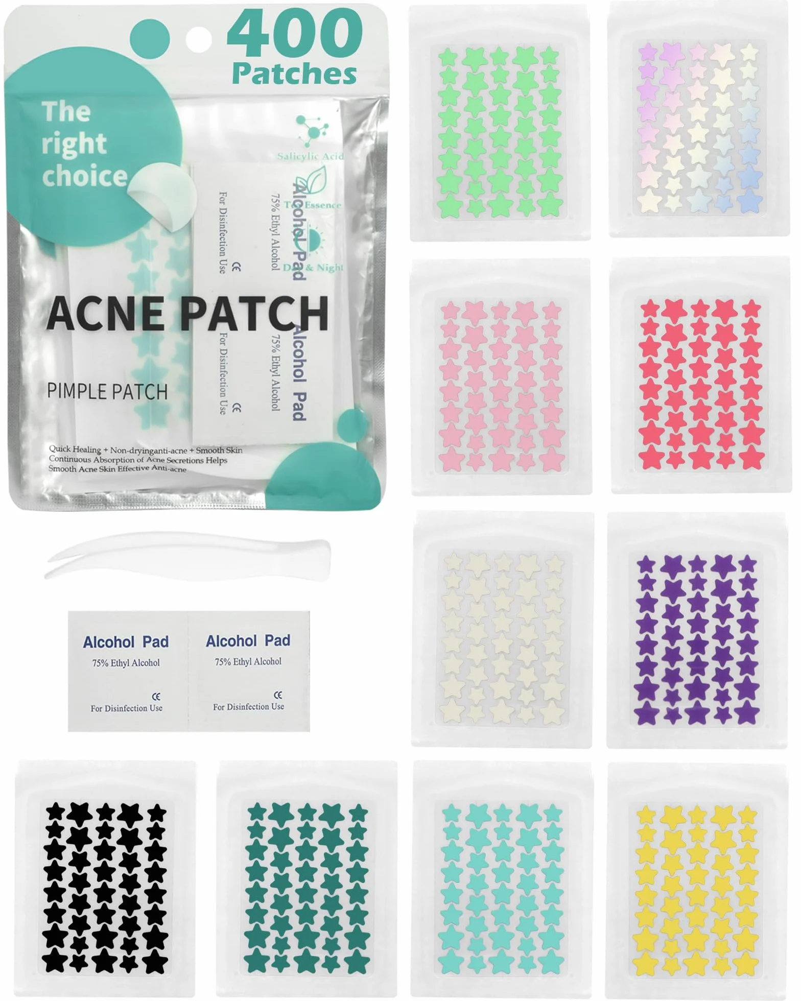 400 Pezzi Cerotti Brufoli, Pimple Patch Brufoli, Stelline Invisibili Idrocolloide Acne Pimple, 2-In-1 Cerotti Per Brufoli Viso con 10 Tamponi Imbevuti di Alcol e Pinzette