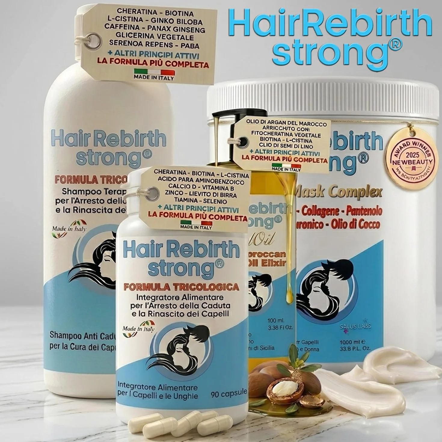 HAIR REBIRTH STRONG * 90 capsule * la Migliore Cura per i Capelli * Nuova Etichetta * Formula Tricologica: Cheratina Biotina Cistina Calcio D Vitamina B * Blocca la Caduta e fa Ricrescere i Capelli