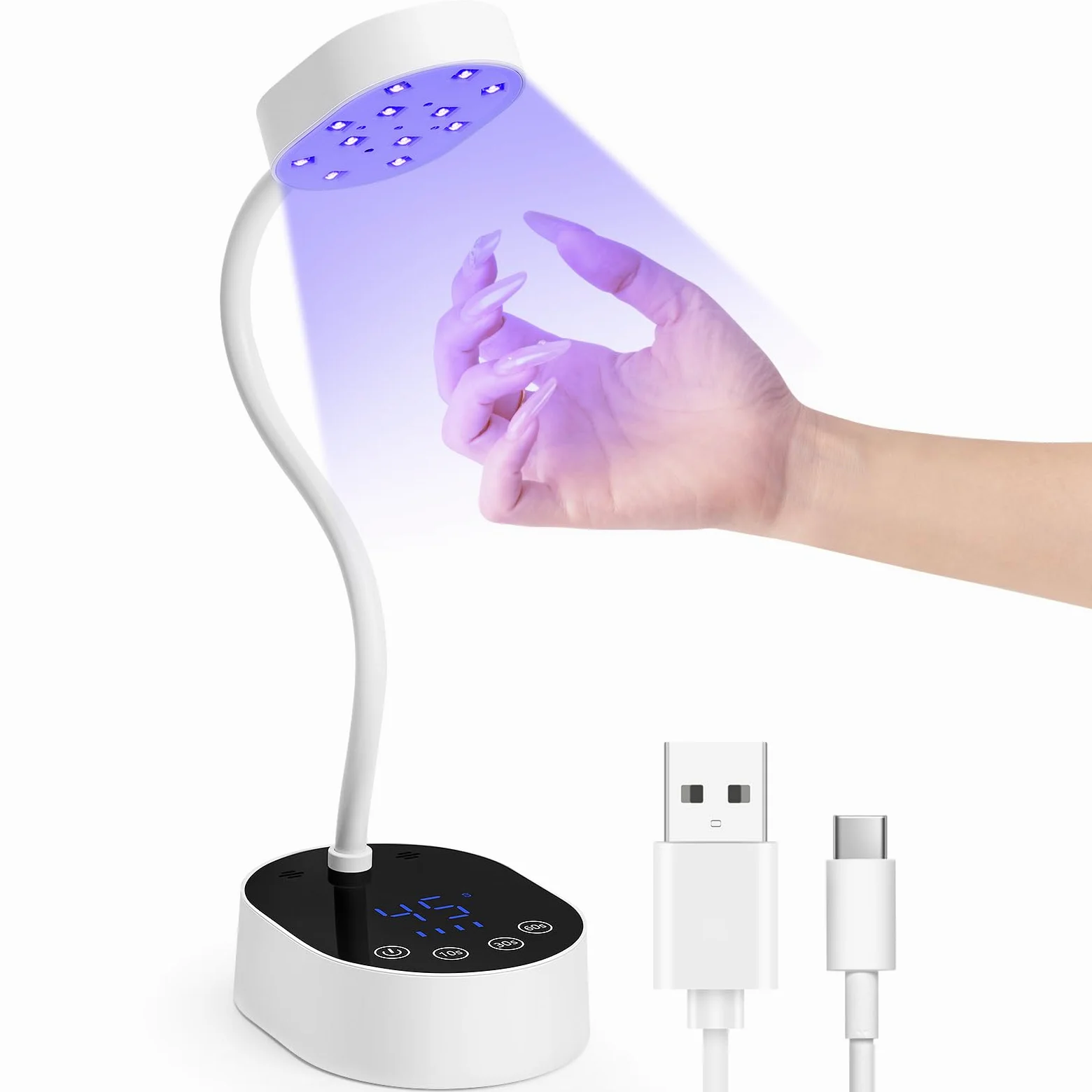 Lampada UV LED per unghie, senza fili, a collo di cigno con sensore automatico e touch screen, 4 modalità di timer, mini asciugatore per unghie in gel, ideale per salone e uso domestico