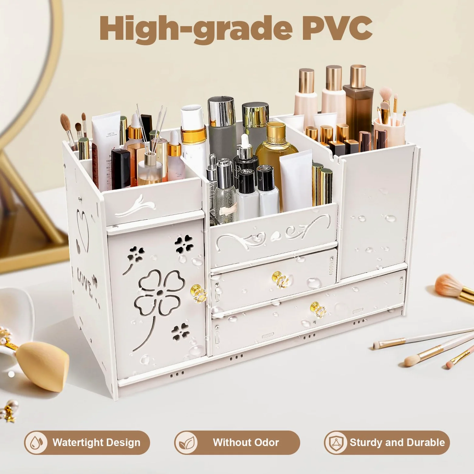 Organizer per trucchi con 3 cassetti - Scatola cosmetica con suddivisione (1/2, 1/3, 1/4) per rossetti, pennelli e creme, contenitore stabile per tavolo da toeletta, bagno