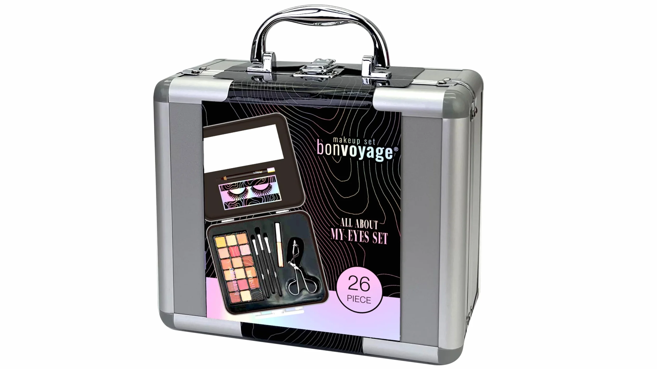 bonvoyage, Set di Trucchi per Occhi, con Ciglia Finte, Palette Ombretti da 18 Colori, Eyeliner, Piegaciglia e Pennelli Make Up, Kit Portatile e Leggero, All About My Eyes