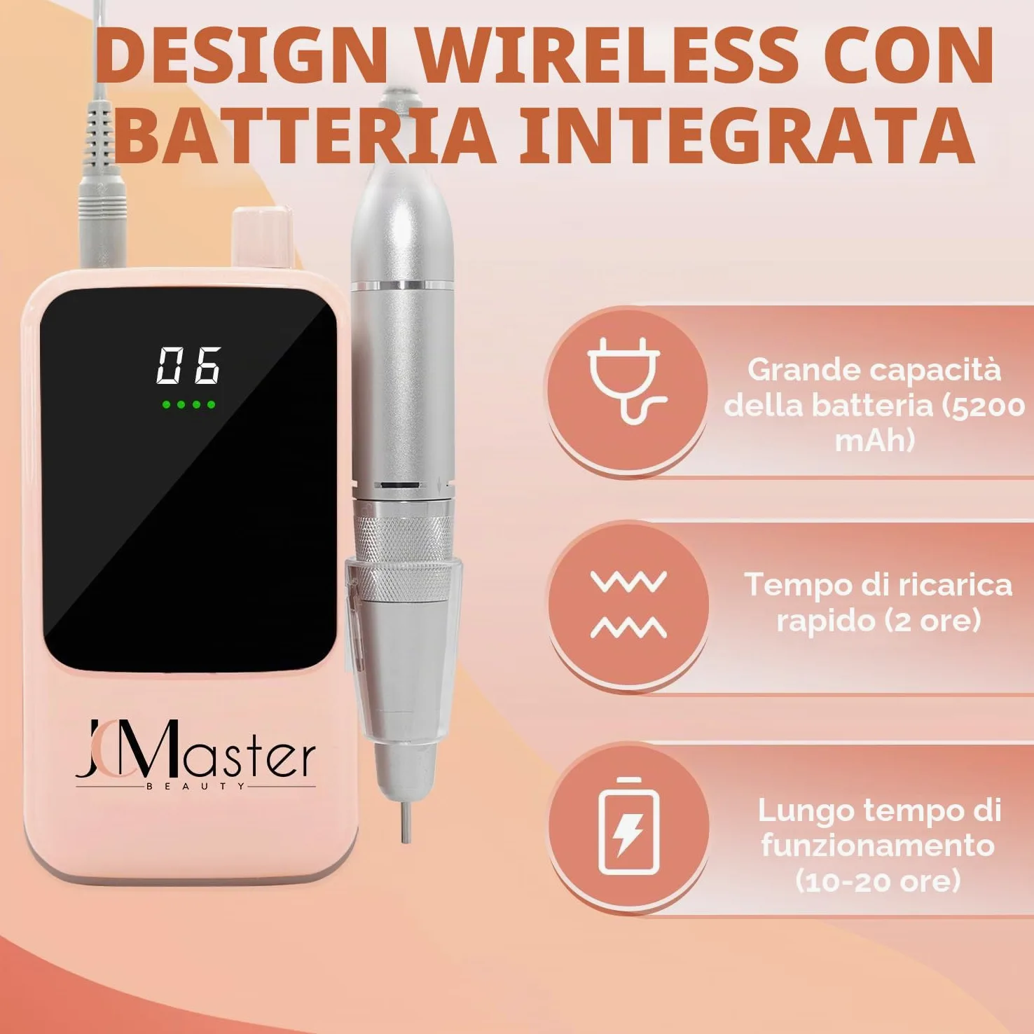 Fresa unghie professionale JCMaster, 35.000 U/min, lima elettrica portatile per unghie in gel e acrilico, batteria ricaricabile, incl. 12 punte, comando a pulsante.