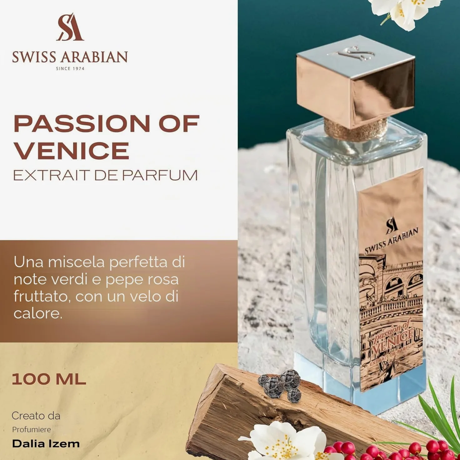 Swiss Arabian Passion of Venice - Estratto di profumo unisex, 100 ml, una lussuosa fusione di note verdi, gelsomino e muschio ambrato caldo, un profumo accattivante e intemporale