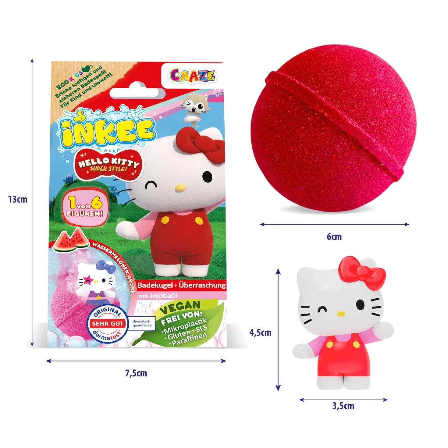 INKEE Hello Kitty 3 Pack - bombe da bagno per bambini con sorpresa - 3 di 6 figure di Hello Kitty da collezionare - 3x palline da bagno da 80 g al gusto di anguria e olio di jojoba, rosa o rosso