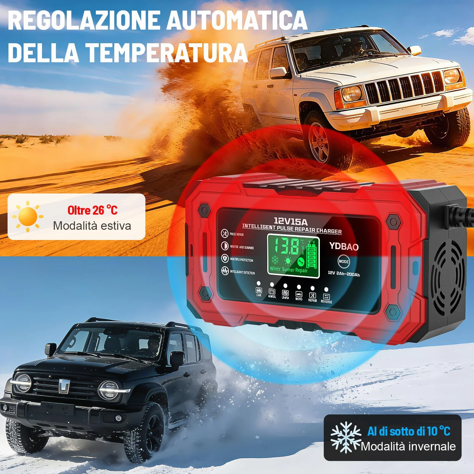Caricabatteria per Auto 12V 15A Intelligente Automatico con Display LCD Compensazione Temperatura per Moto Auto Batteria AGM Barche