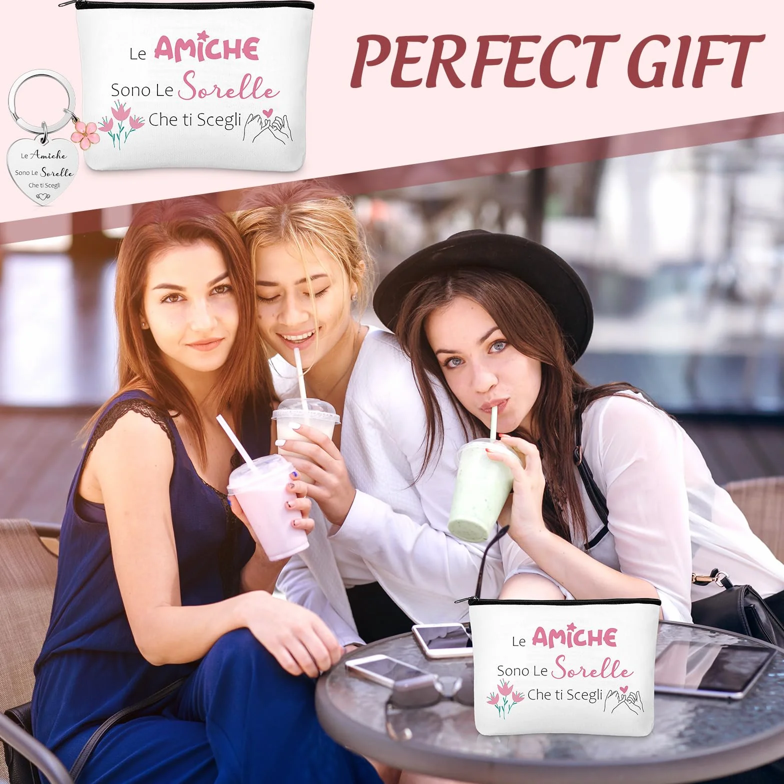 Weewooday Set Regalo per Migliore Amica e Sorella 1 Borsa per Cosmetici 1 Portachiavi dell'Amicizia con Ciondolo a Forma di Fiore Pochette per Trucchi Borsa Toilette Beauty Case per Compleanno