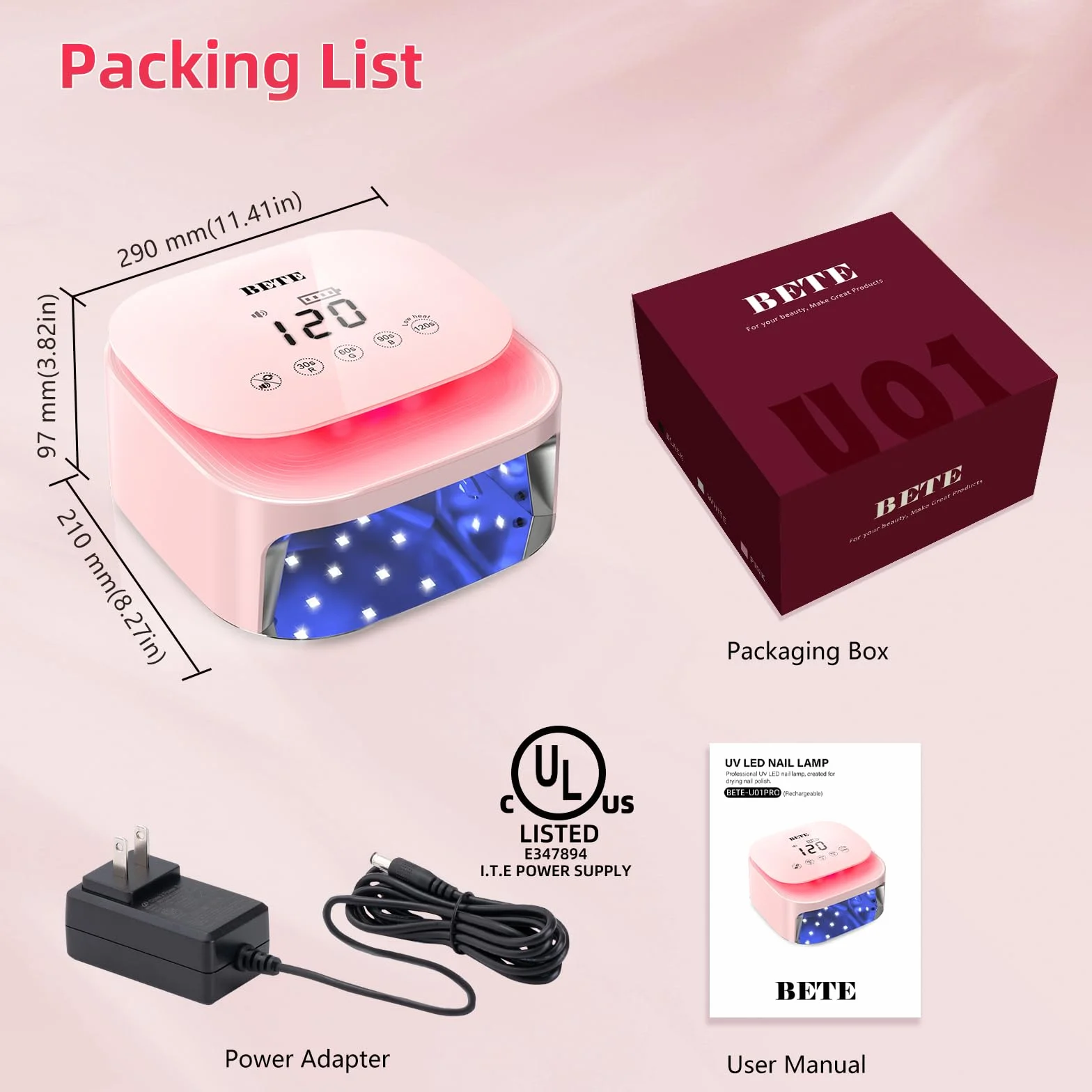 Lampade UV LED wireless BETE 60W - Asciugatore per smalto gel ricaricabile con sensore automatico, 30 perle e 4 regolazioni del timer portatile per uso domestico/salon Rosa