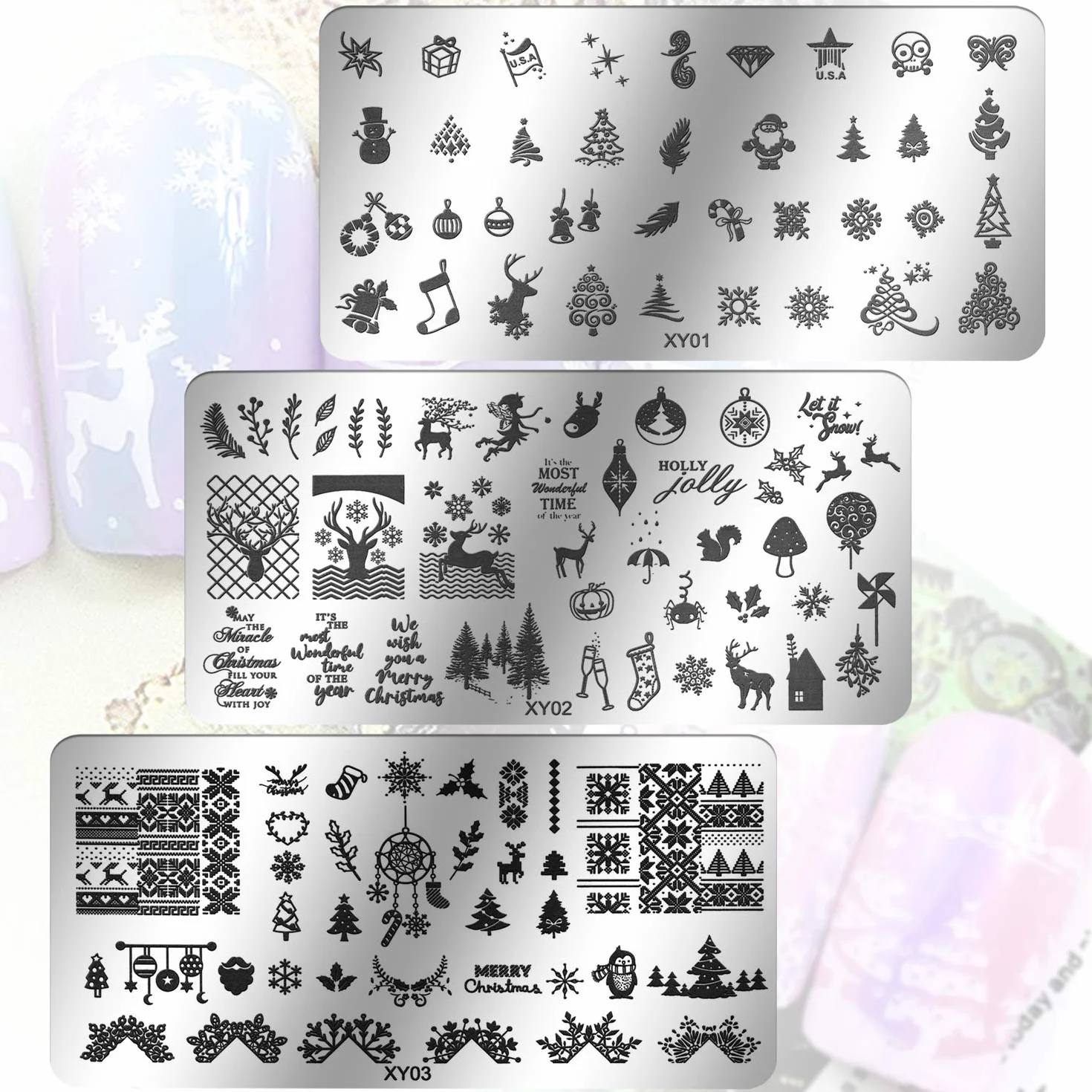 6 Pcs Christmas Nail Stamping Plate, MWoot Natale Fiocco di neve dei cervi dell'albero Nail Art Unghie Timbro Nail Art Stamp Plates Chiodo quadrato rotondo