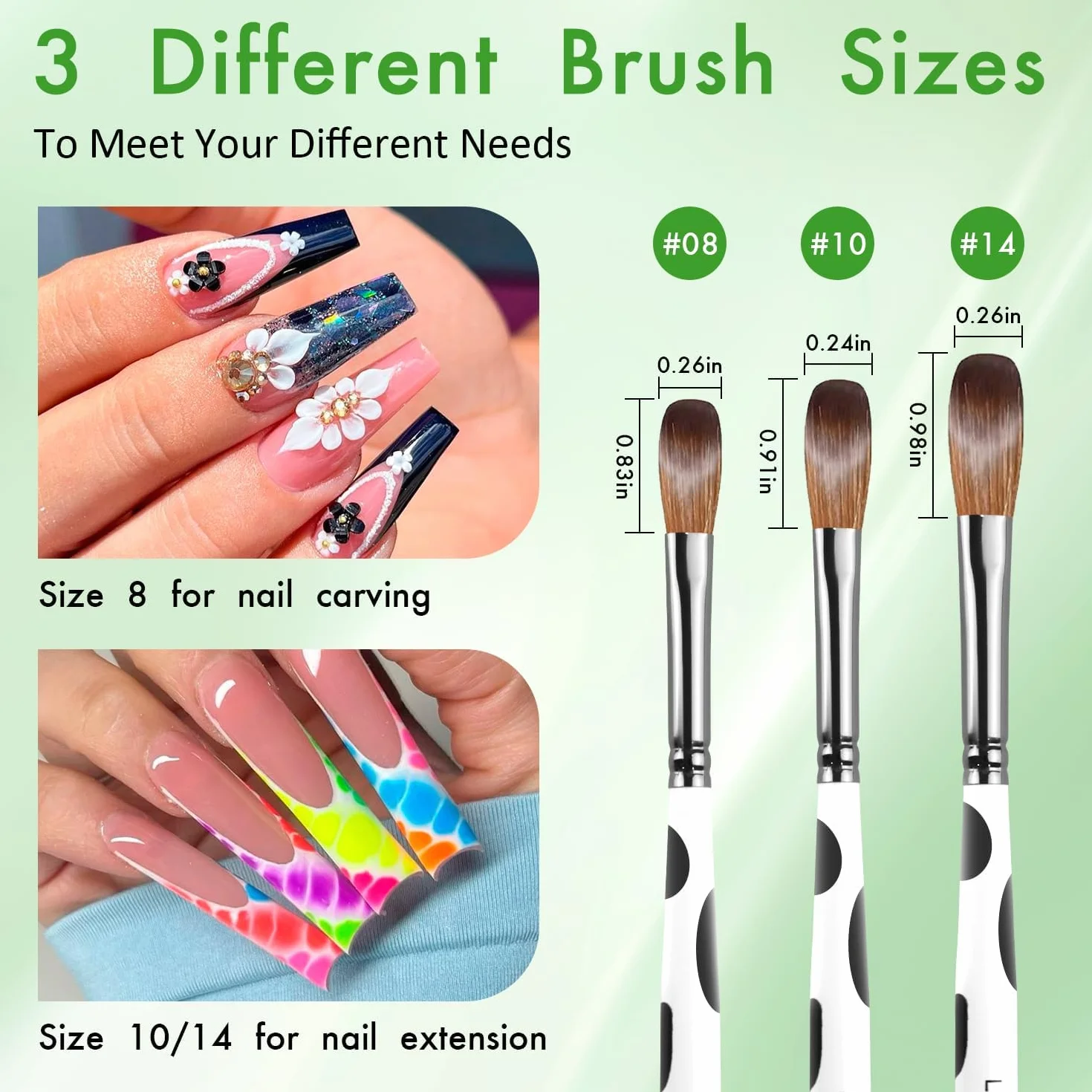 3 Pezzi Set di Pennelli per Unghie in Acrilico, Taglie 8/10/14 Kolinsky Pennello Acrygel Unghie, Professionali Pennelli Nail Art Unghie per Estensione delle Unghie e Intaglio delle Unghie 3D