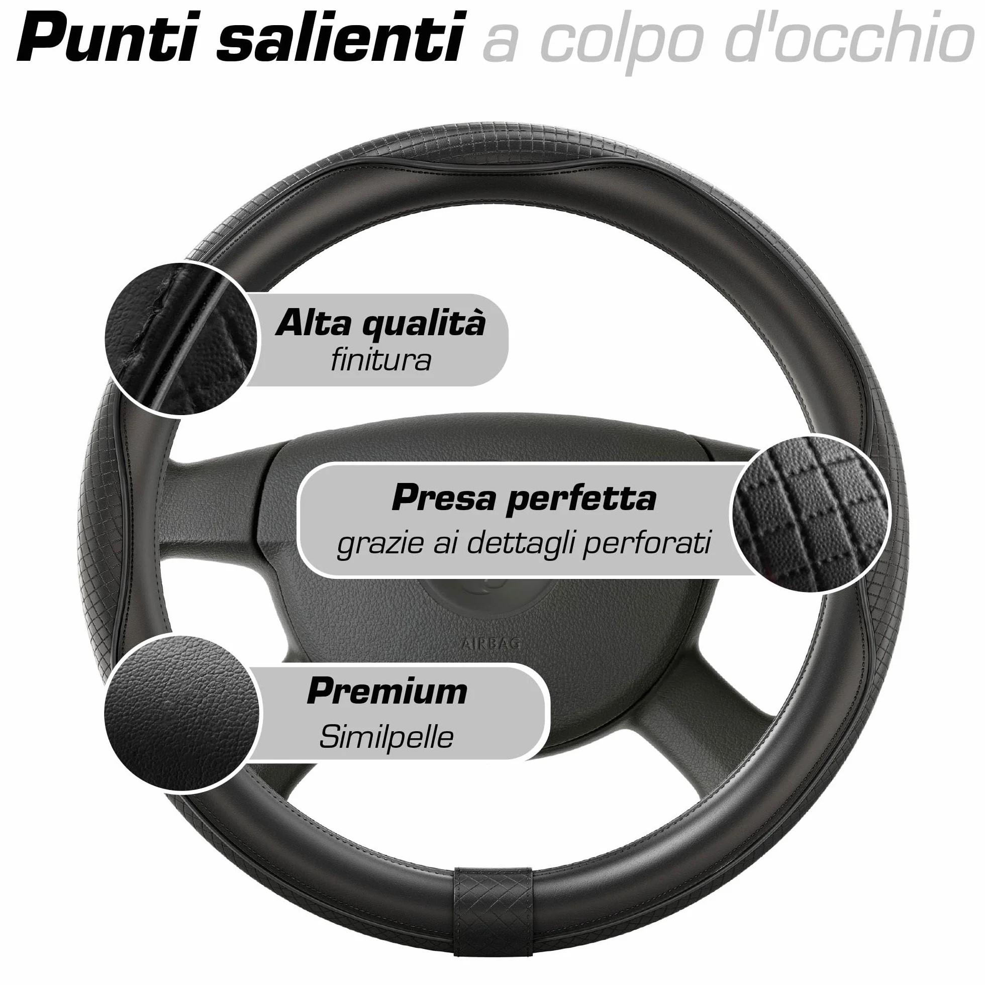 Upgrade4cars Coprivolante Auto Universale Nero Finta Pelle 37-38 cm Accessori Interni