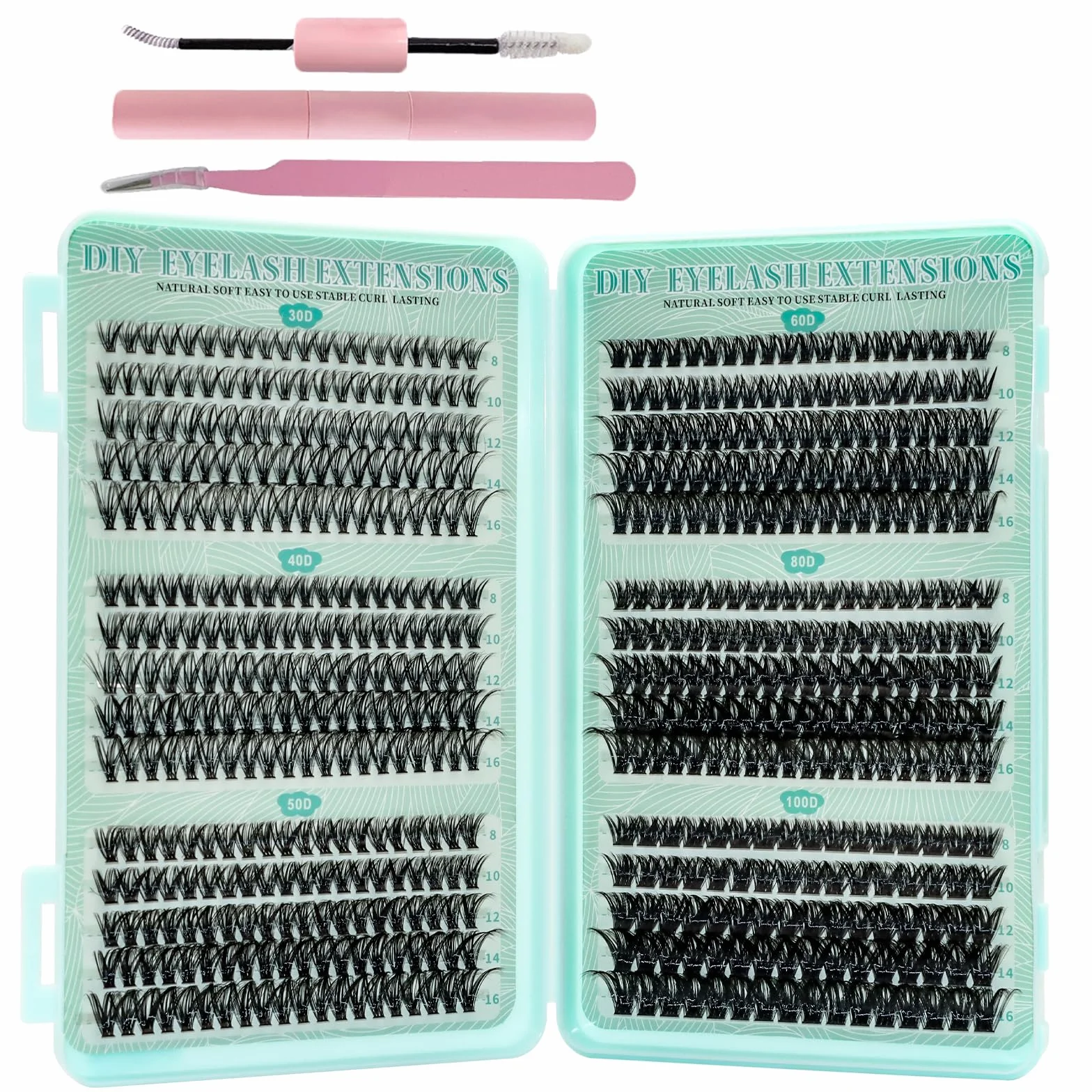 VEGCOO 570 Pezzi Ciglia Finte Extension Ciglia 30-40-50-60-80-100D Curl Ciglia-Finte Ciuffetti per Estendere le Ciglias a Casa Eyelashes Naturali per Ragazze e Donne Principianti con Accessori(8-16mm)