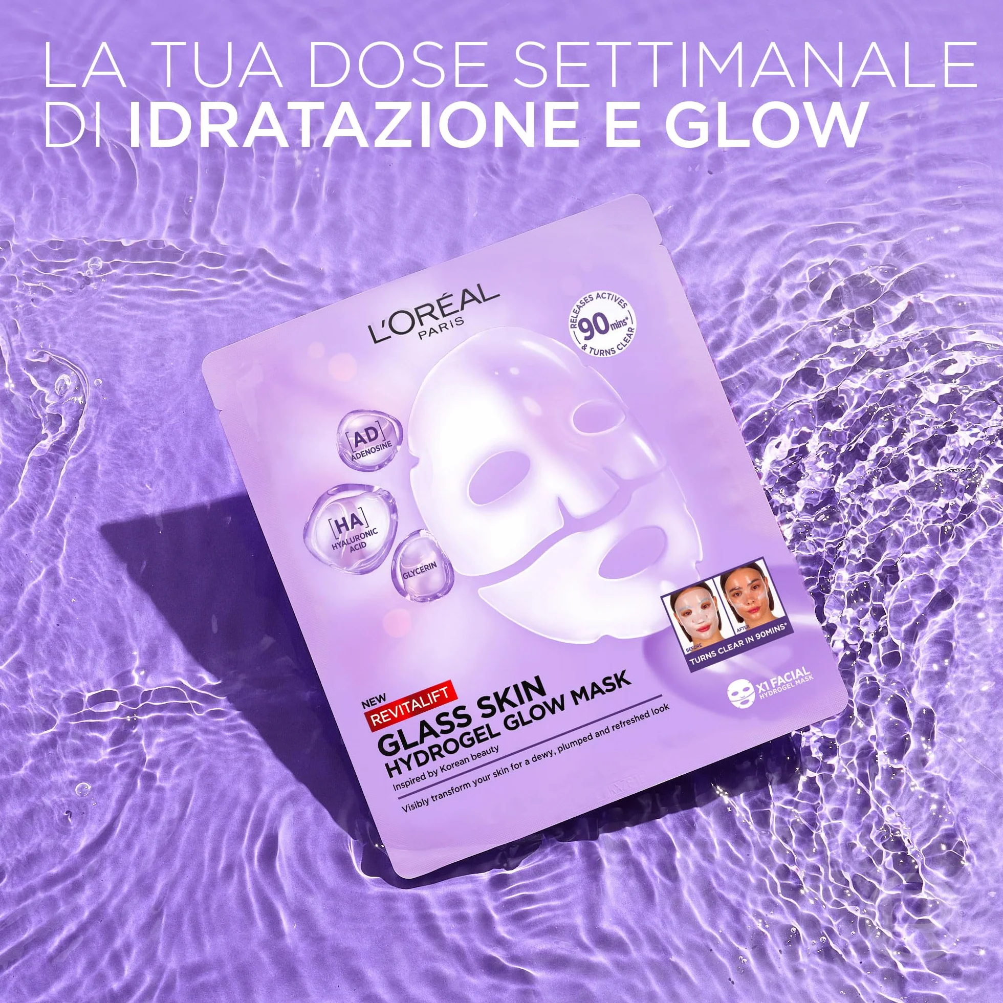L'Oréal Paris Glass Skin Maschera in Idrogel, Per Tutti i Tipi di Pelle, Pelle Luminosa e Radiosa, Risultati Istantanei, Trend Coreana, Con Acido Ialuronico e Centella Asiatica, Revitalift, 1x37gr