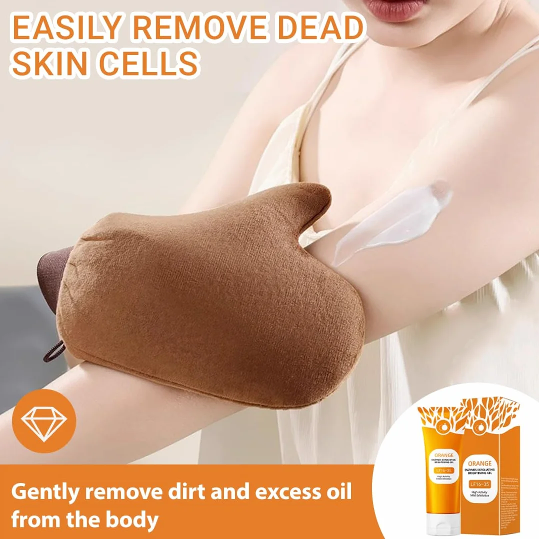 GXGM 2 Pezzi Orange Exfoliating Gel lf16-35,Gentle Exfoliating Orange Detergente Viso,Rimuove le Cellule Morte Della Pelle, Migliora la Consistenza Della Pelle,Con Guanti Floccati Marroni