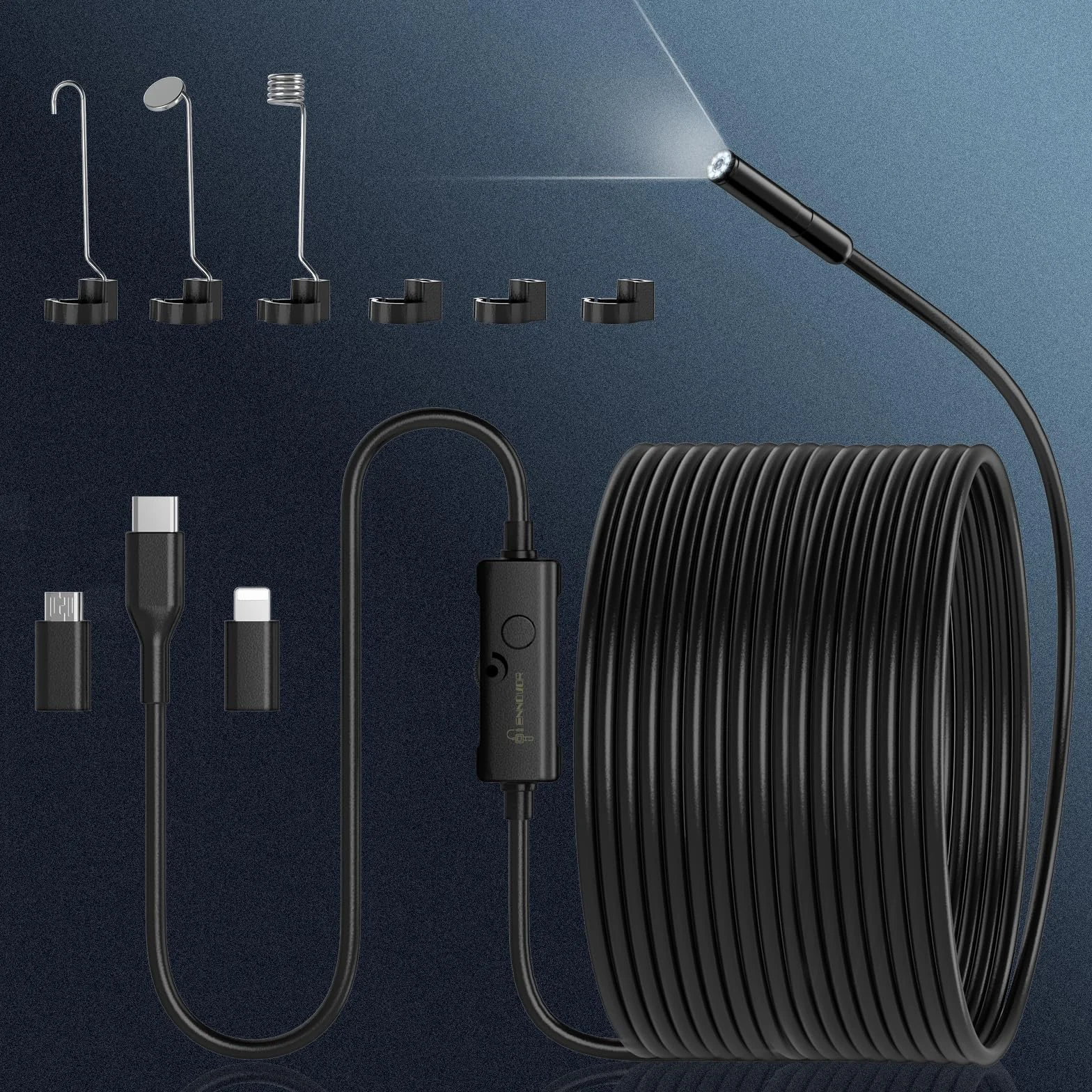Endoscopio per Smartphone 1920P HD IP67 Sonda Impermeabile 8 LED Cavo Semirigido 10 m Android iOS