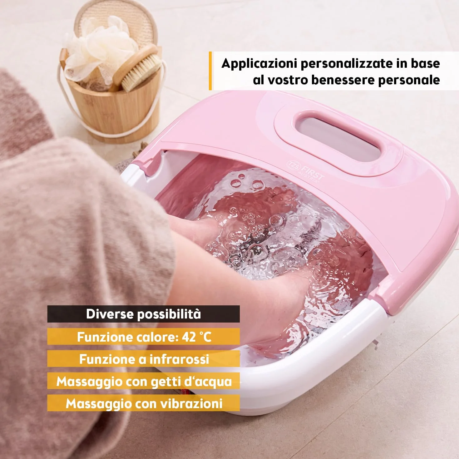 TZS First Austria - Idromassaggio Plantare 500W - Massaggiatore piedi con 3 accessori & 8 rulli - Massaggio a vibrazione & bolle d'aria, infrarossi & riscaldamento - Pieghevole fino al 47 - Rosa