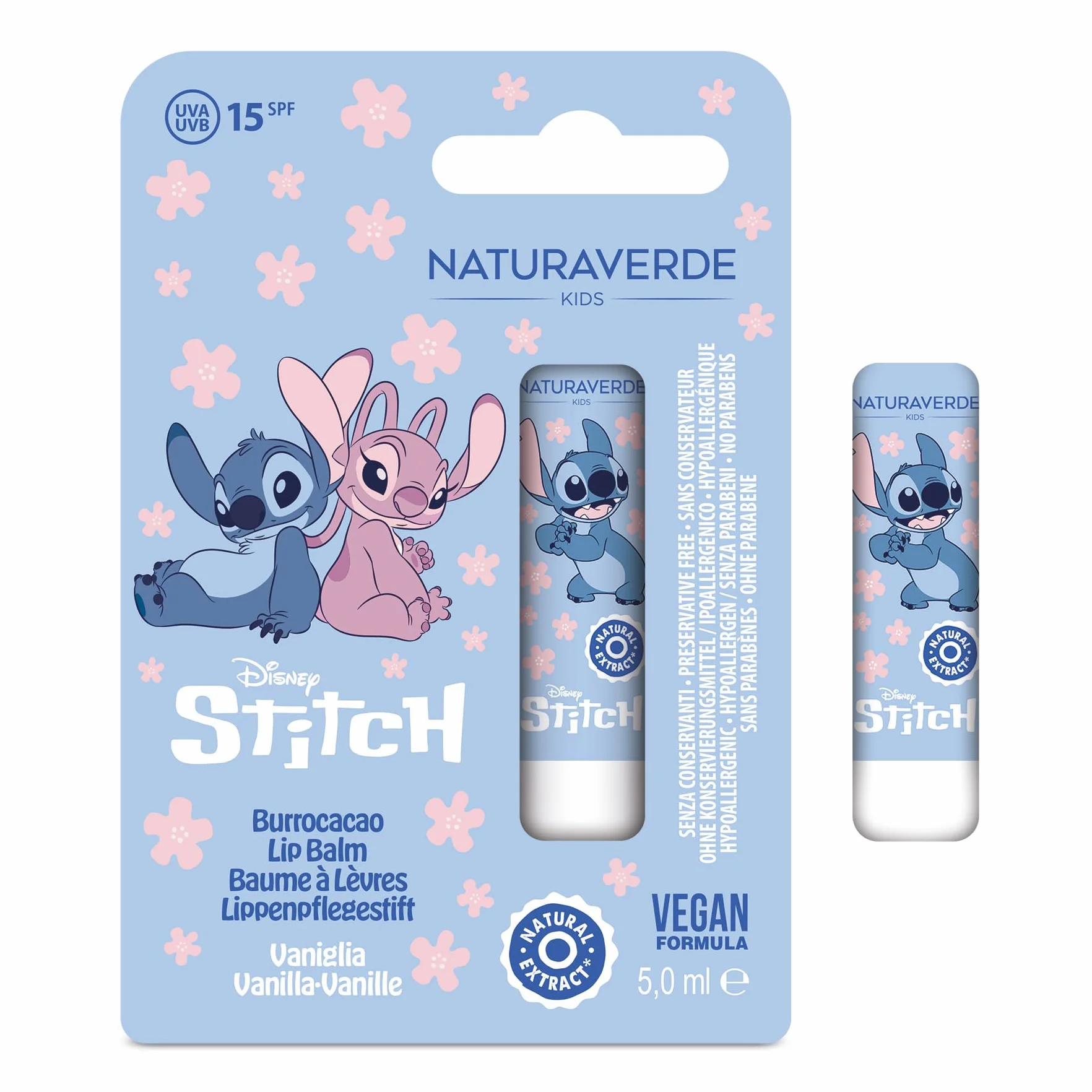 NATURAVERDE Kids STITCH Burrocacao Vaniglia 5ml SPF 15 Idratante Protettivo