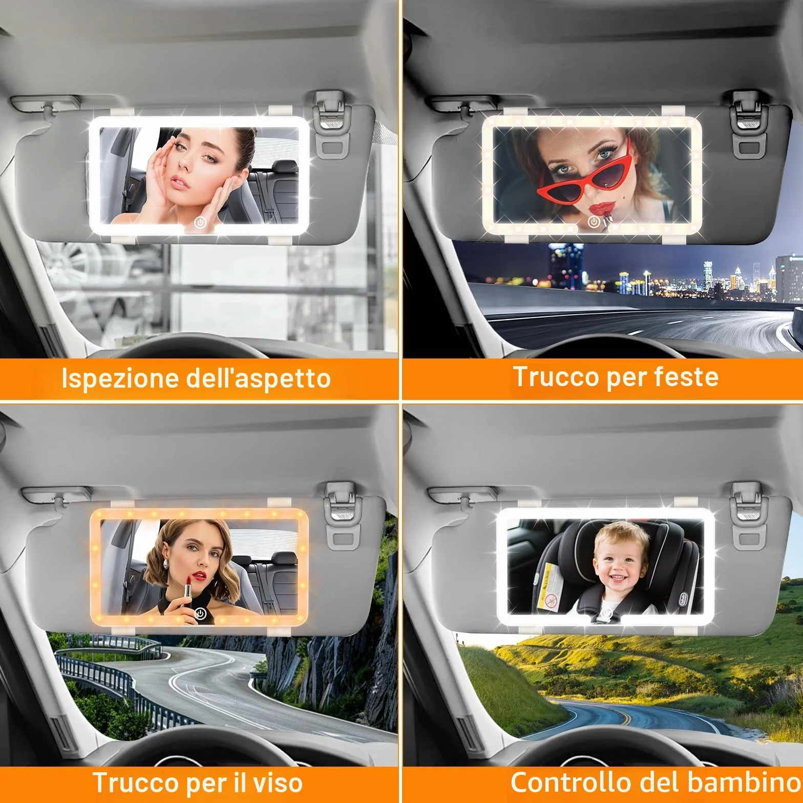 Pavlleen Specchio Auto LED Trucco con Luci, 3 modalità illuminazione regolabile USB ricaricabile touch