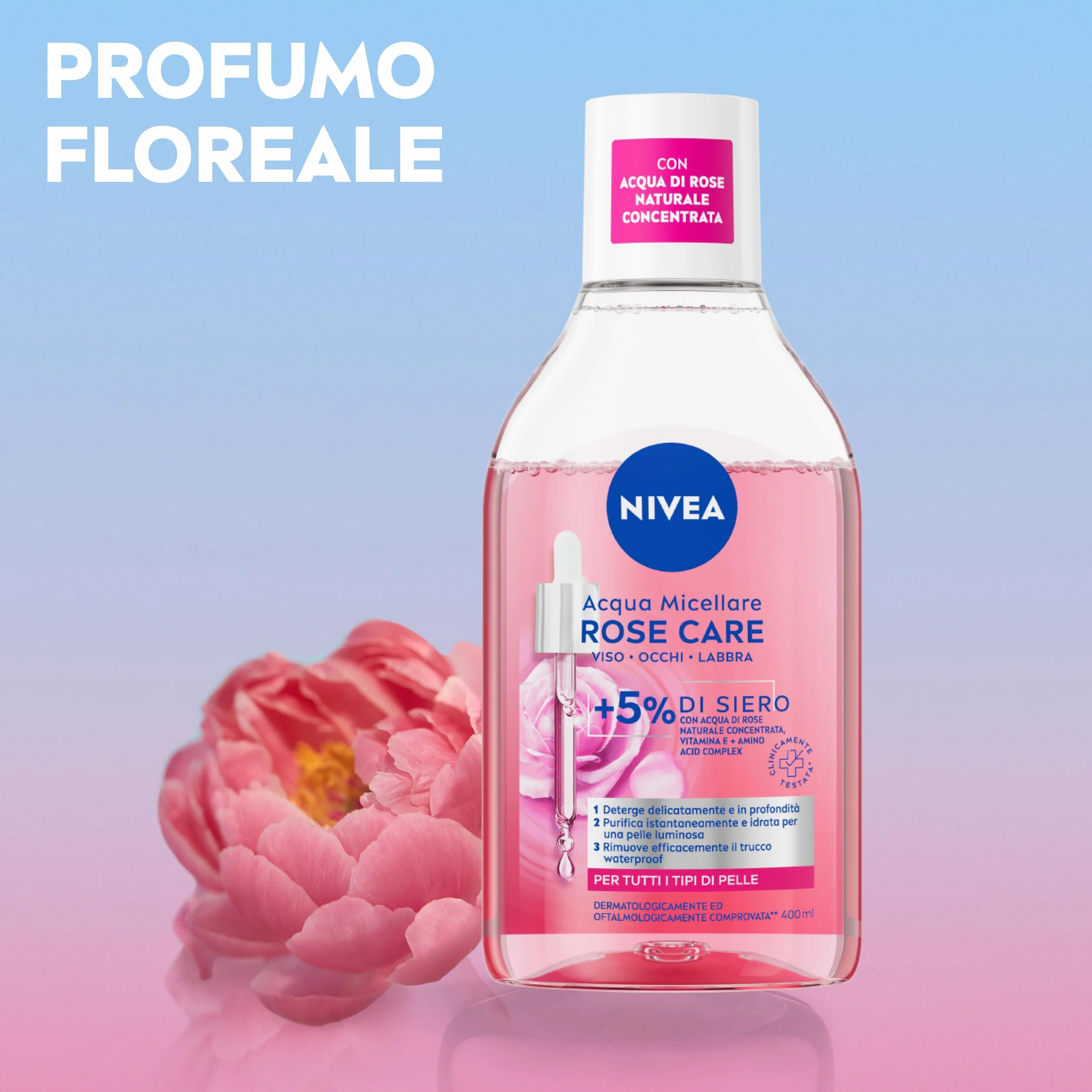 NIVEA Acqua Micellare Rose Care 400 ml Struccante Bifasico Detergente Viso Occhi Labbra