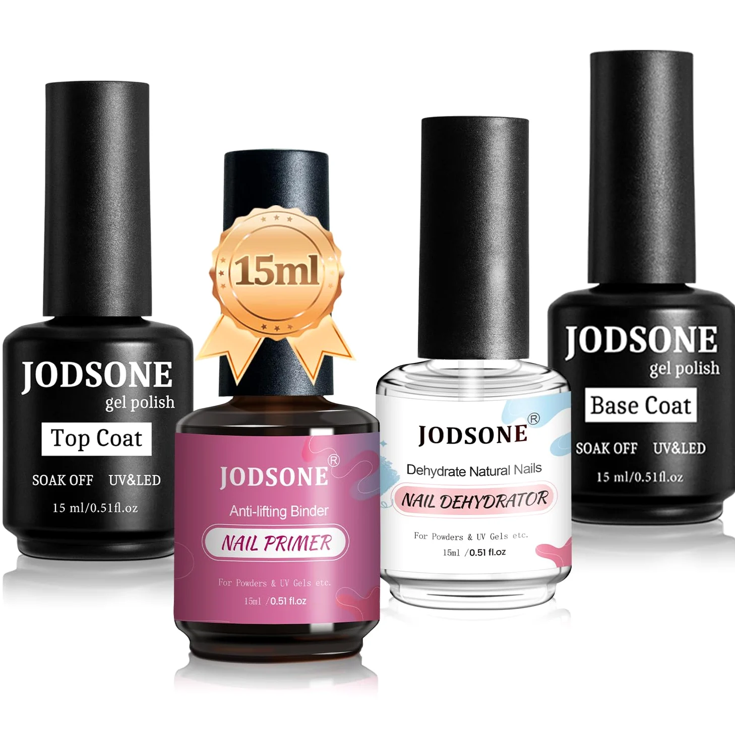JODSONE 4 flaconi da 15 capacità di disidratatore per unghie, primer per unghie, base, top coat, lunga durata e facile da applicare, flacone grande.