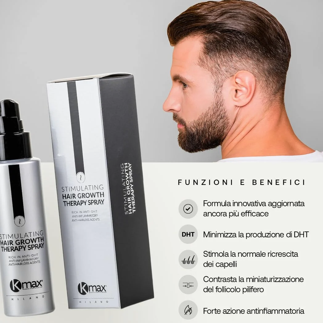 Kmax Stimulating Hair Growth Therapy Spray - Ricrescita Uomo e Donna con Azione Anti DHT, Lozione Anticaduta Capelli - Formato da 100 ml