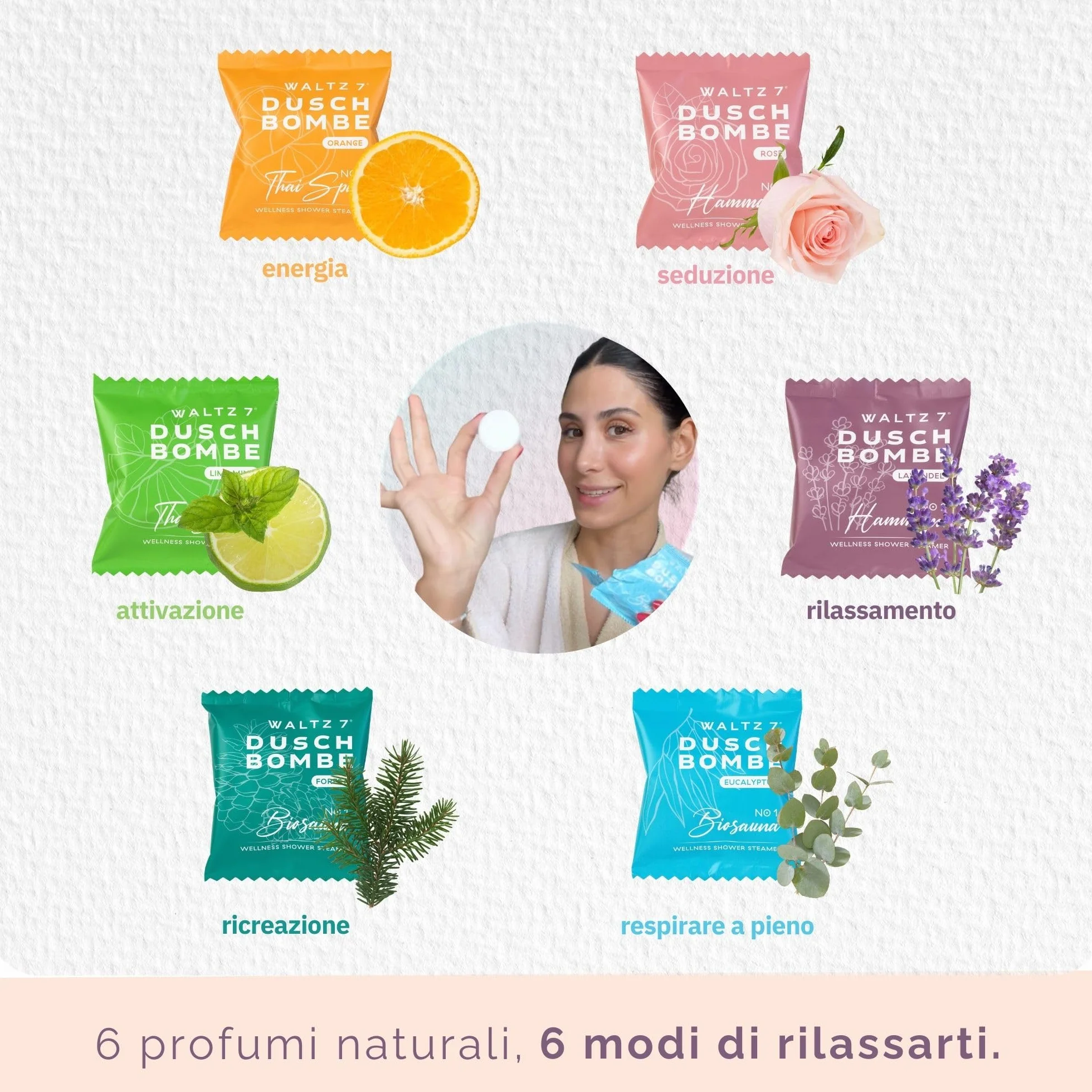 WALTZ 7 Bombe da Doccia Originali, 6 Pezzi con 6 Fragranze, Qualita dall Europa, Pastiglie da Doccia agli Oli Essenziali, Piccolo Regalo Donna, Uomo, Set Benessere per il Relax