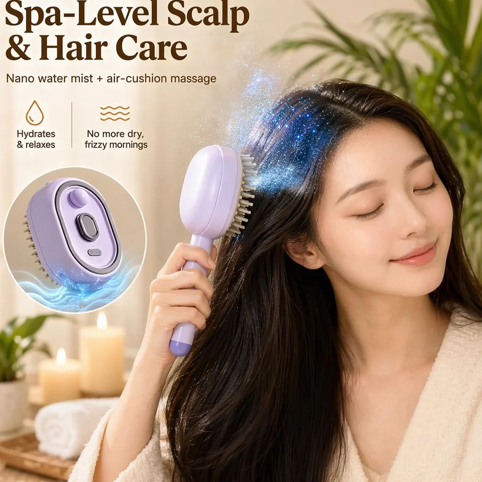 Pettine Elettrico a Nebulizzazione per Donne – Spazzola Ricaricabile a Nano-Nebbia, Districa e Combatte il Crespo, Capelli Secchi, Home Spa, Bianco Crema