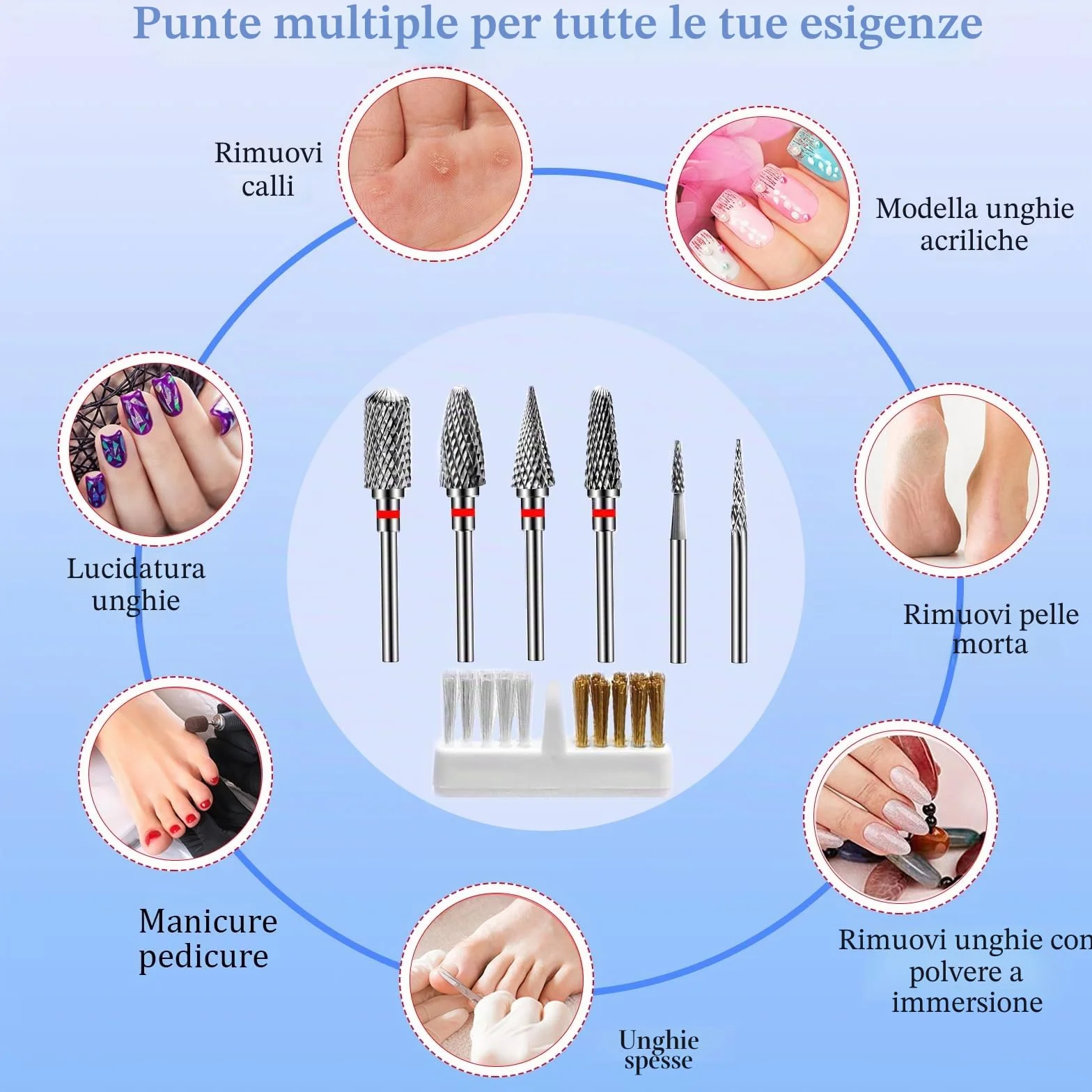 Punte Fresa Unghie in Carburo di Tungsteno 6 Pezzi 3/32 Pollici per Manicure Pedicure Rimozione Gel