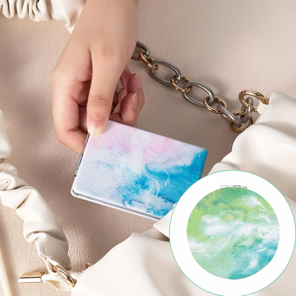Specchio da Trucco Portatile Verde Acquerello, Specchio a Mano Pieghevole Compatto per Viaggio