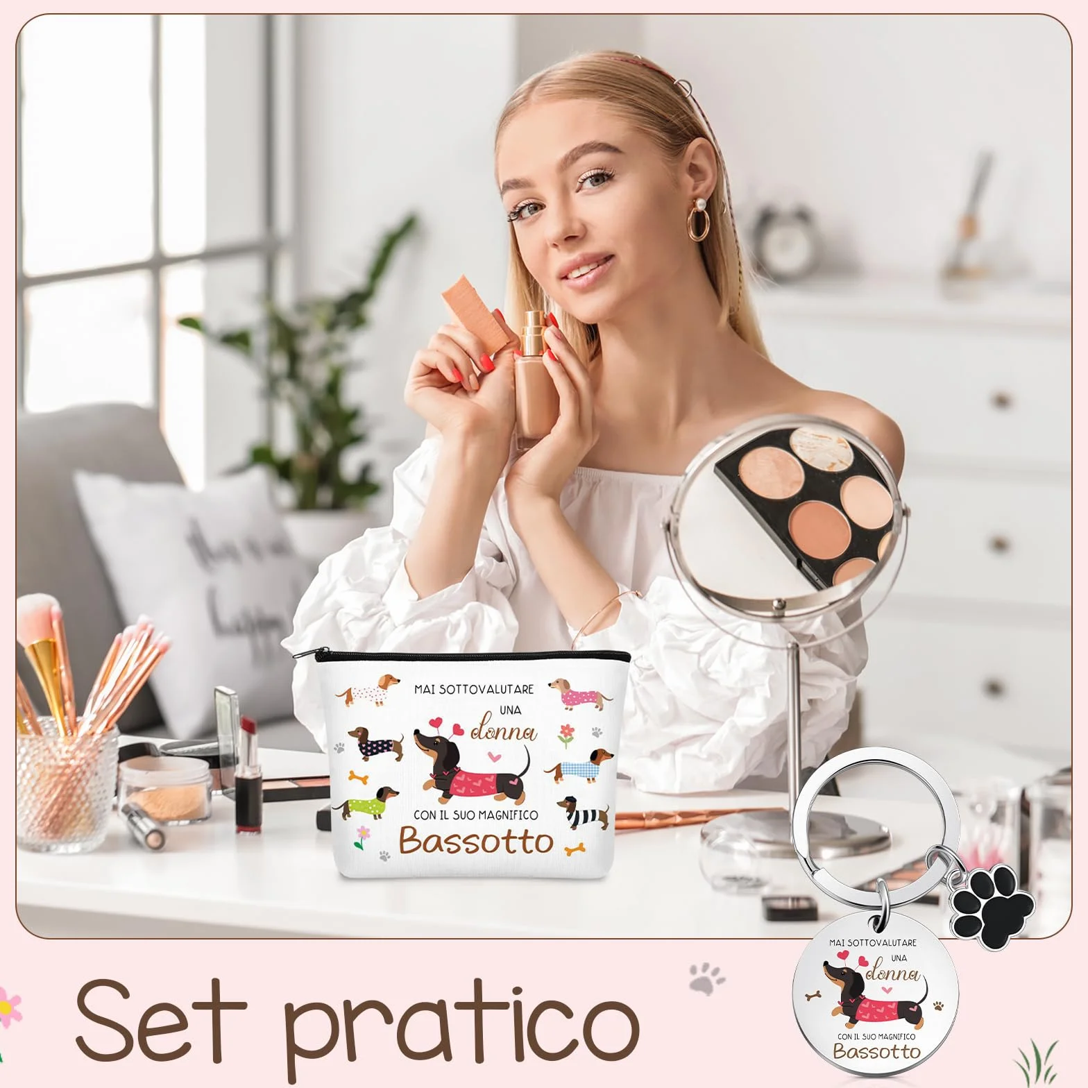 Xuniea Set Regalo Bassotto per Donna Borsa per Cosmetici con Cerniera di Bassotto Multifunzionale Grande Capacità Portachiavi Ideale per Viaggio Compleanno Natale Amica Fidanzata