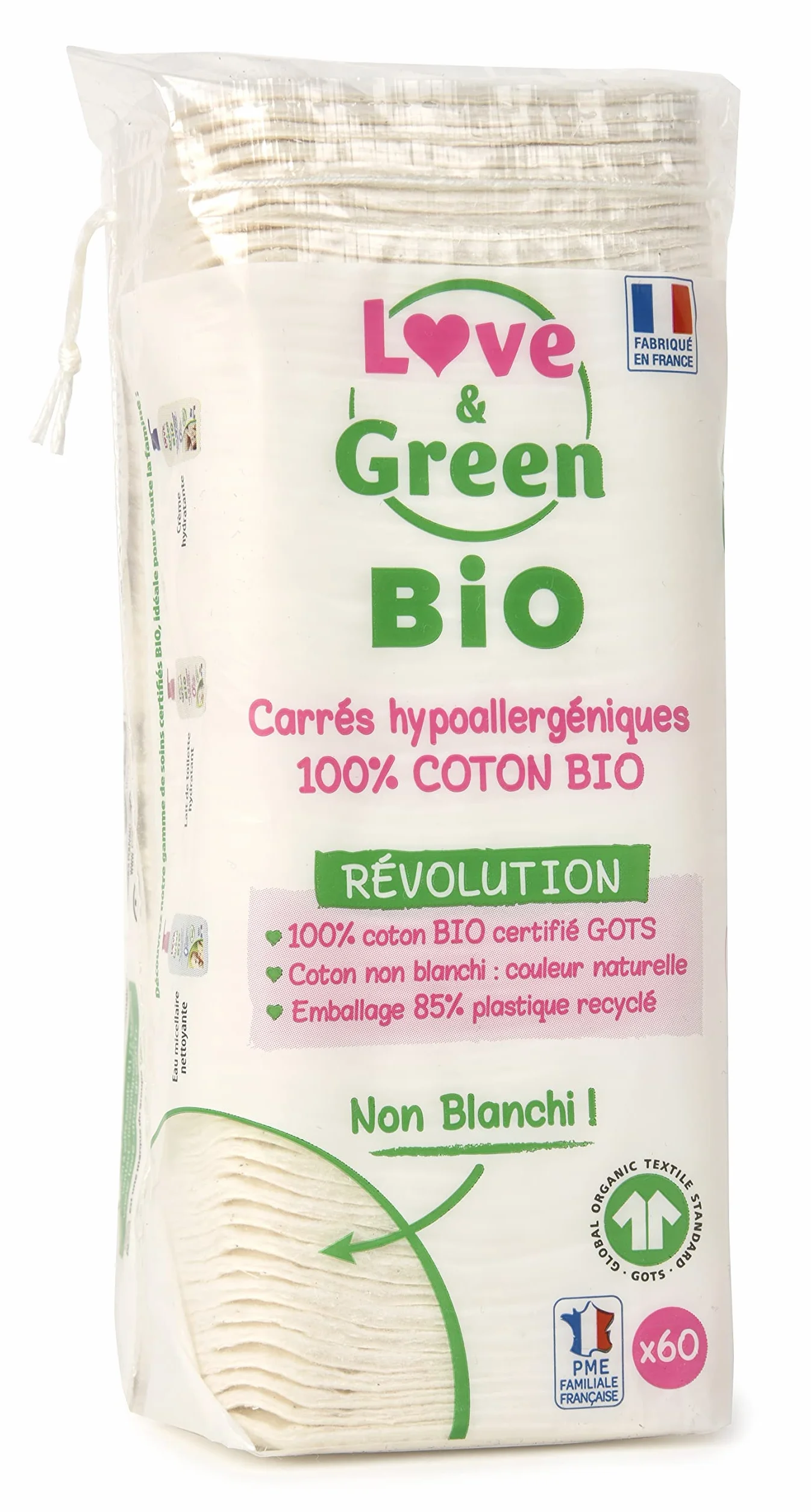 Love & Green Bio - Cotone quadrato, 1 confezione da 60 pezzi