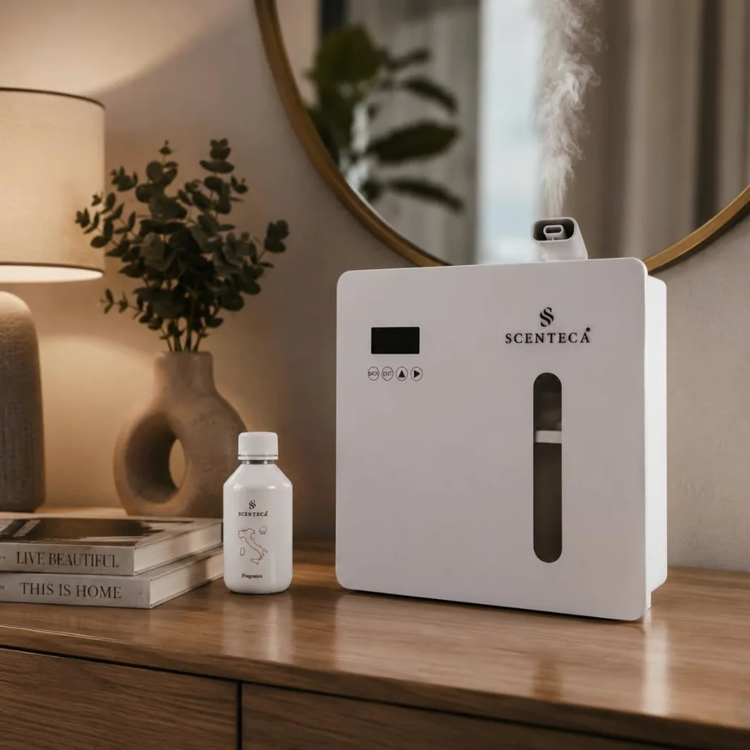 SCENTECA Diffusore elettrico Mod. AD-P7 di oli essenziali a nebulizzazione, con fragranza Tè Bianco e Fiori di Primavera inclusa, copre fino a 300 mq, per casa e ufficio (100 ml)