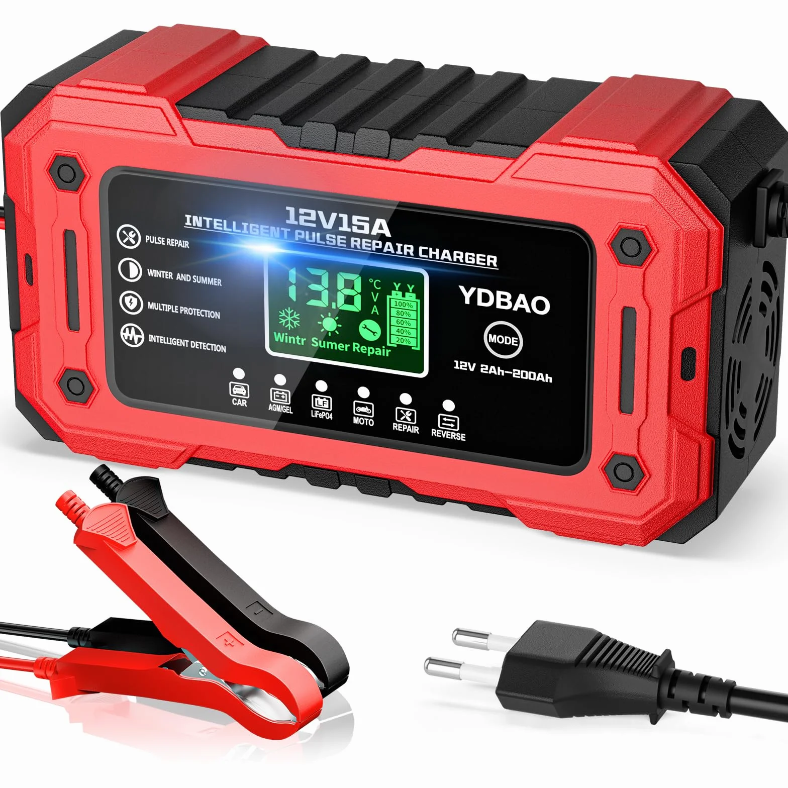 Caricabatteria per Auto 12V 15A Intelligente Automatico con Display LCD Compensazione Temperatura per Moto Auto Batteria AGM Barche
