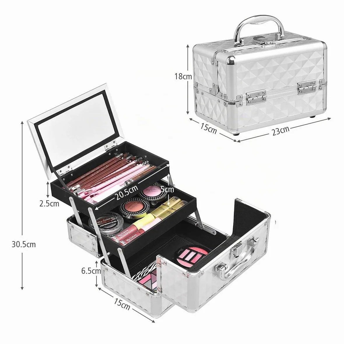 LIFEZEAL Valigetta Rigida Professionale per Trucchi a 3 Livelli, Porta Cosmetici, Trousse, Scatola, Beauty Case, Organizer Makeup, con Specchio, Manico e Chiusura, 23x15x18 cm, Argentato