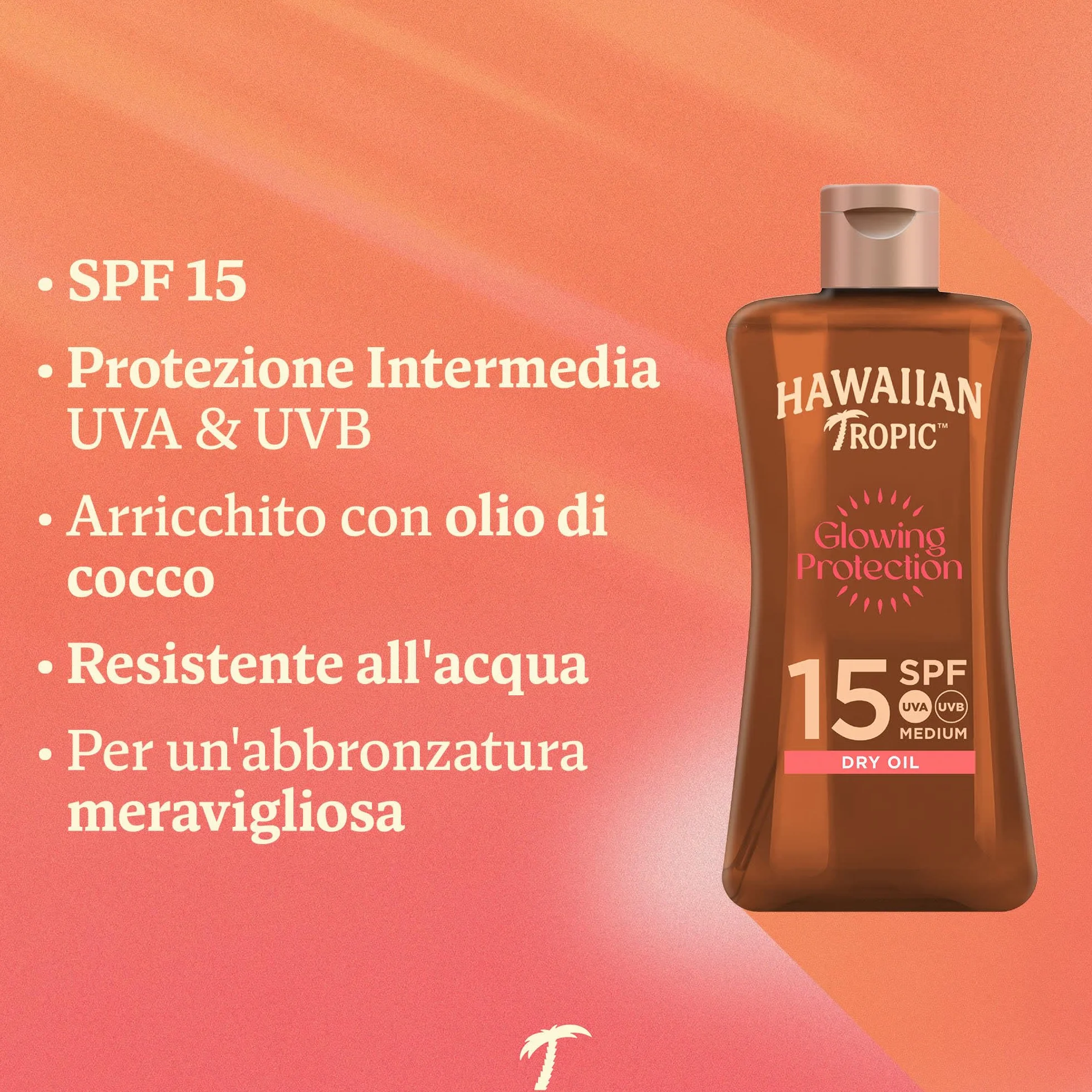 Hawaiian Tropic | Glowing Protection Olio Secco SPF 15, Formato da Viaggio, Profumazione Tropicale, con Burro di Karité, Resistente all'Acqua, Vegano