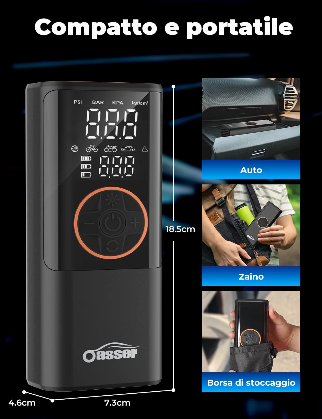 Oasser Compressore Aria Portatile 150PSI 6000mAh Doppio Schermo LCD Spegnimento Automatico Torcia LED