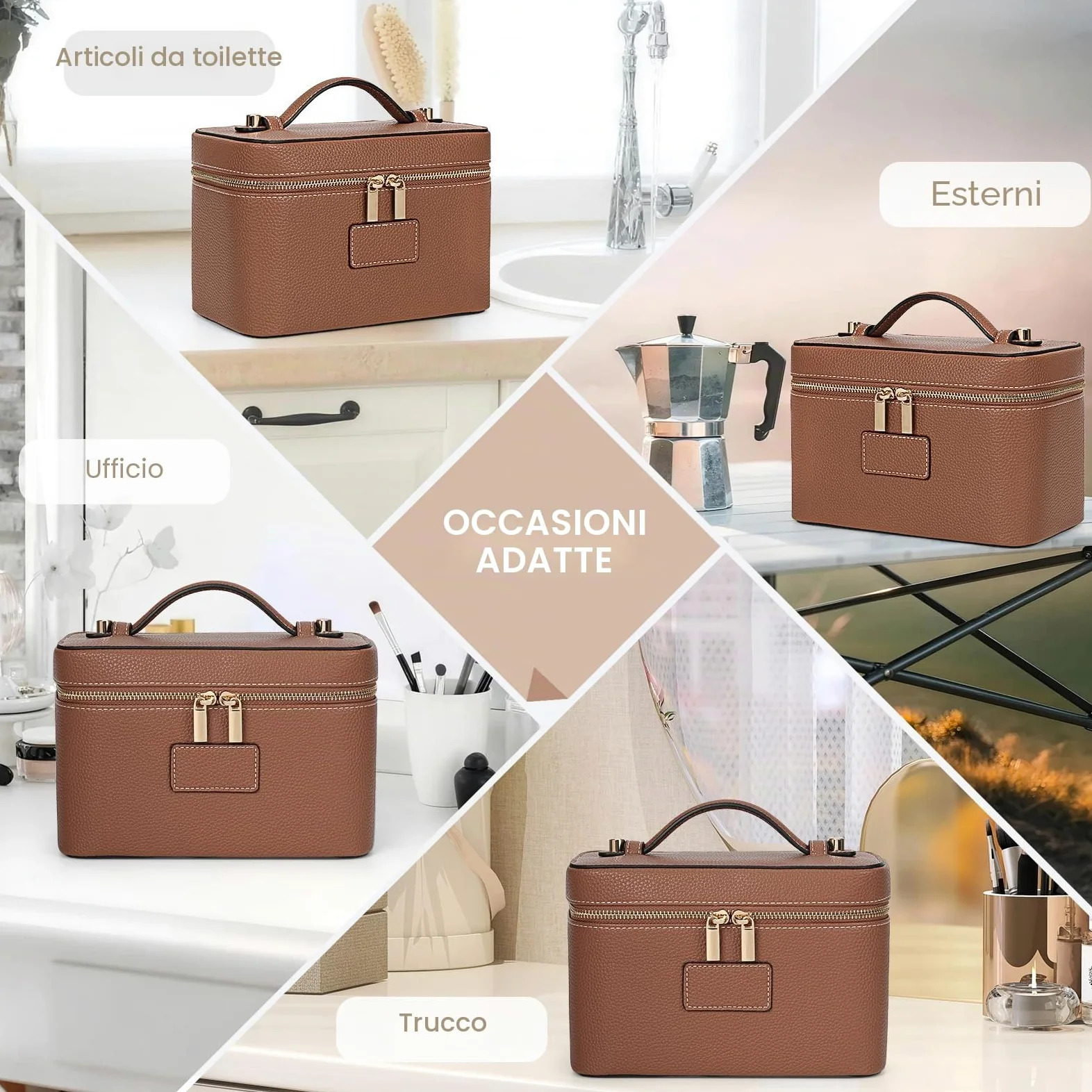 HiTotes, trousse per trucchi, borsa da viaggio in pelle per articoli da toeletta, organizer per trucchi con divisore rimovibile per uso quotidiano, 02-marrone, 21.5cm