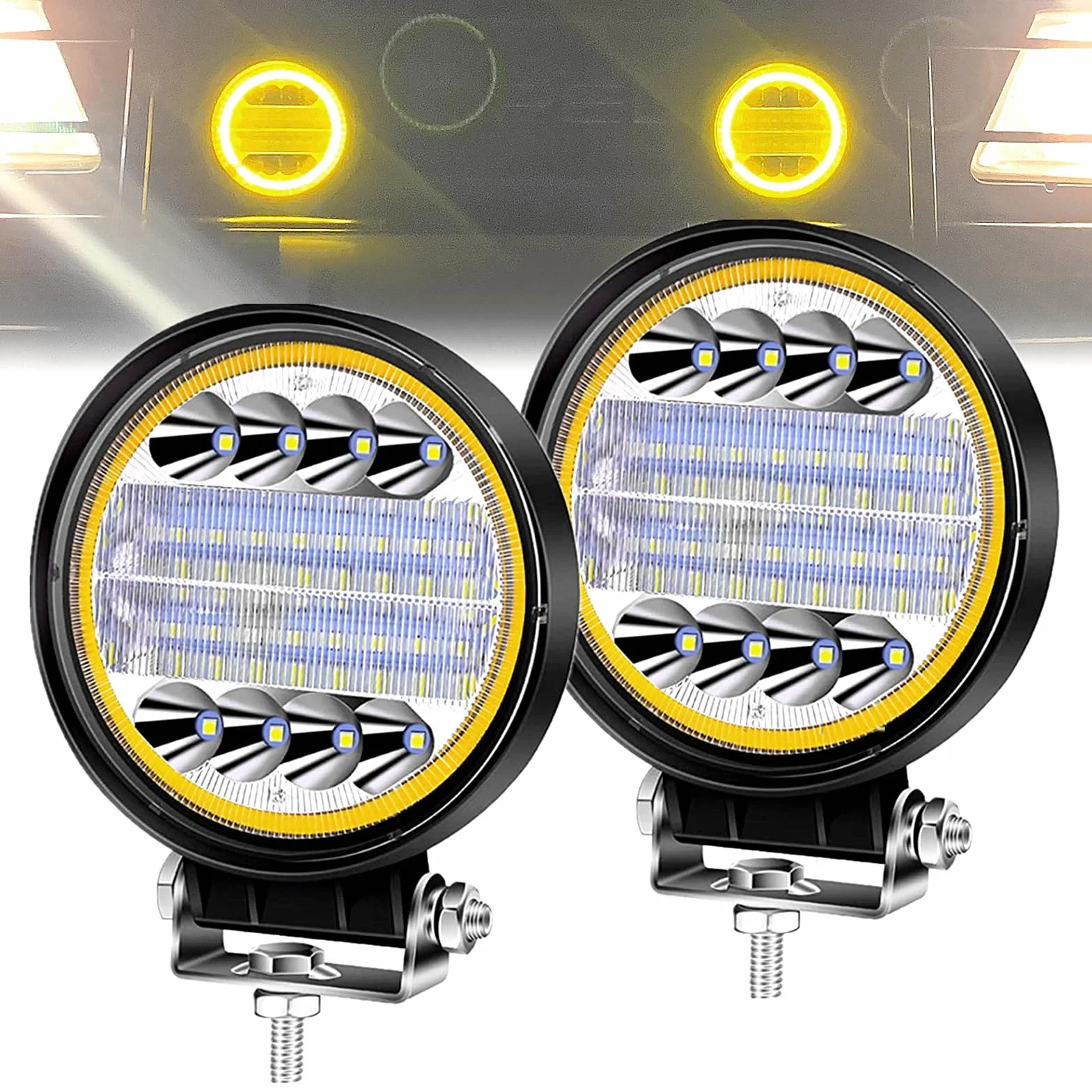 Fari LED Trattore 4,5 pollice 96W 12000LM 12V 24V IP67 Faretto LED Halo Ambra 2 Pezzi
