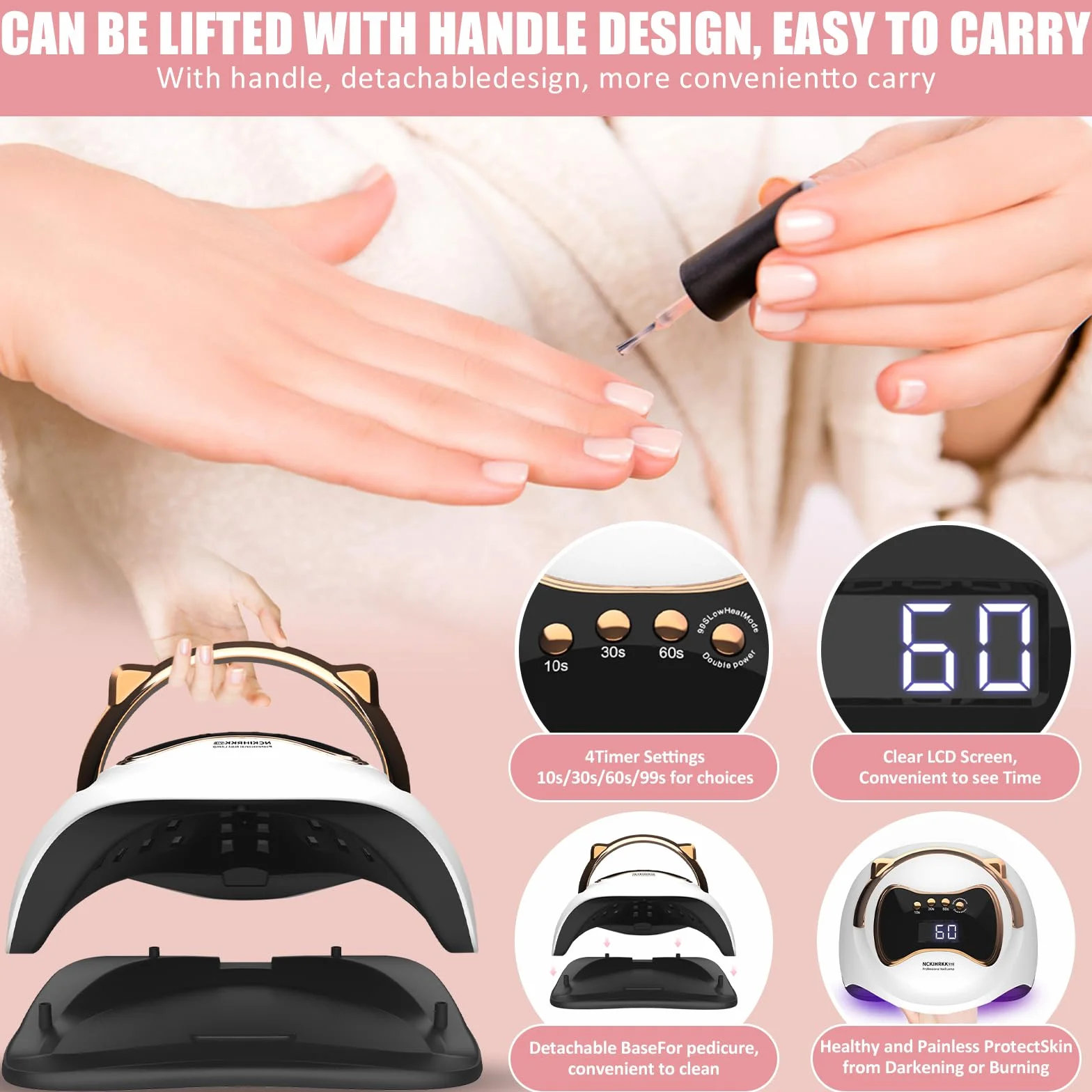 Lampada UV LED Unghie 180W, Maniglia a Orecchio di Gatto Professionale Fornetto Unghie Semipermanente con 4 Timer, Pannello LCD, Automatico Sensore con Mini Lampada UV Unghie, Casa e Salone