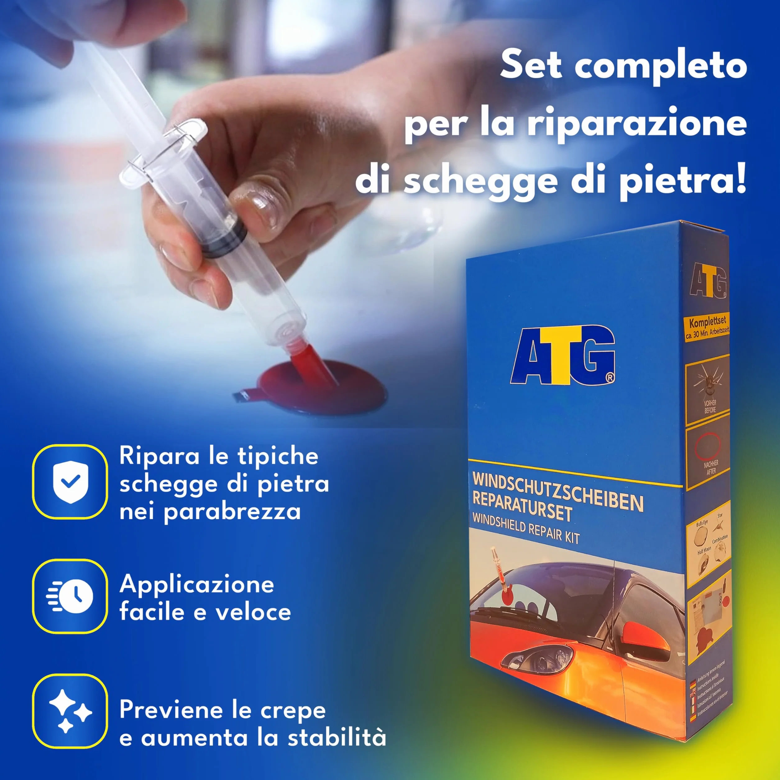 ATG® Kit riparazione parabrezza auto – Resina riparazione vetro per crepe e scheggiature
