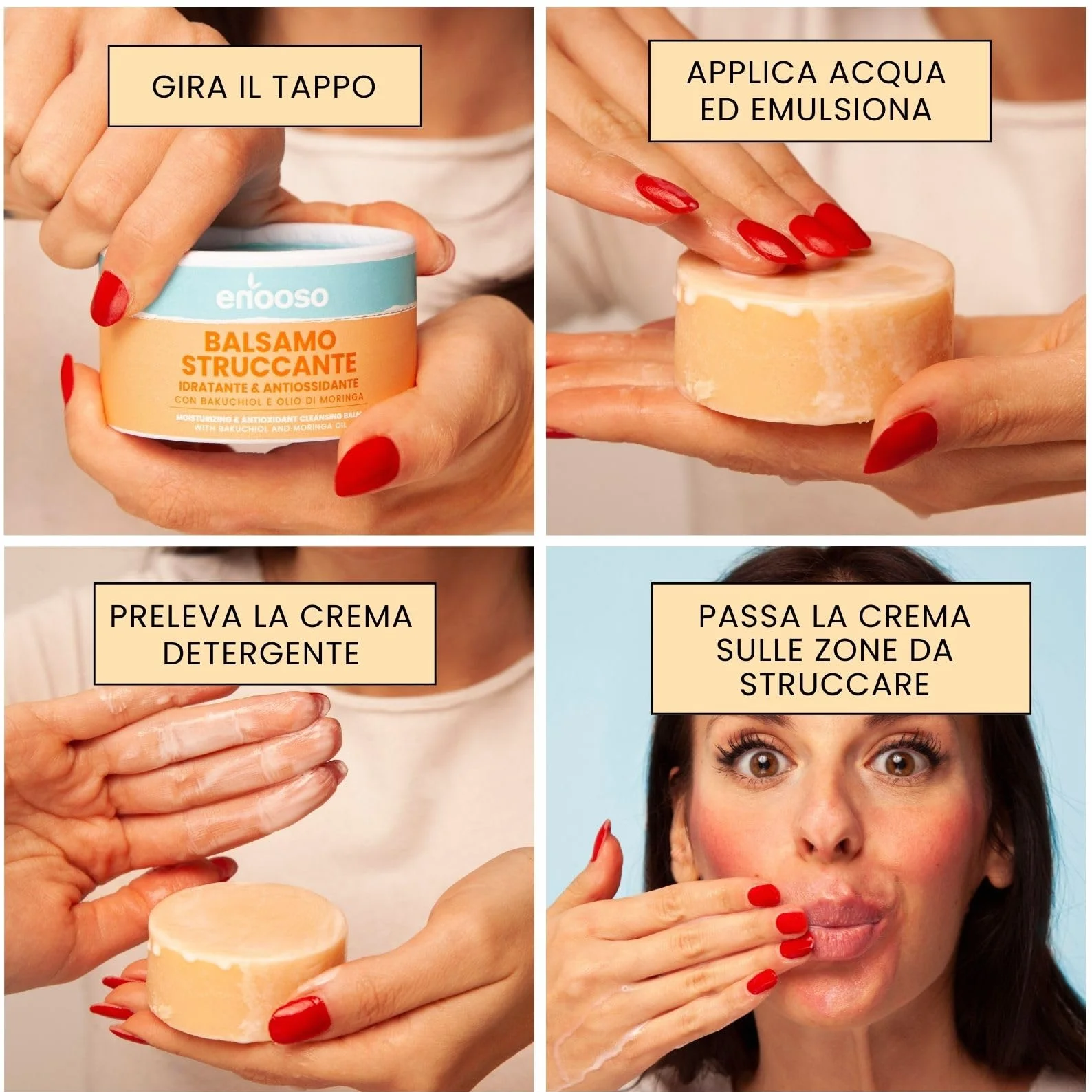Enooso Balsamo Struccante Solido Waterproof Viso e Occhi con Bakuchiol, Vitamina E, Olio di Moringa e Cocco, 50g