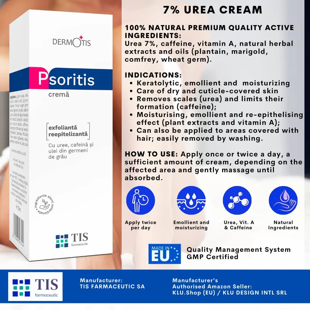 TIS Crema Urea 7%, per Eczemi, Pelle sogeto a Psoriasi, Cheratosi - Guarigione Delle Ferite - Pelle Secca, Screpolata e Ruvida - Mani, Piedi, Unghie, Gomiti, Ginocchia - Caffeina, Vit A