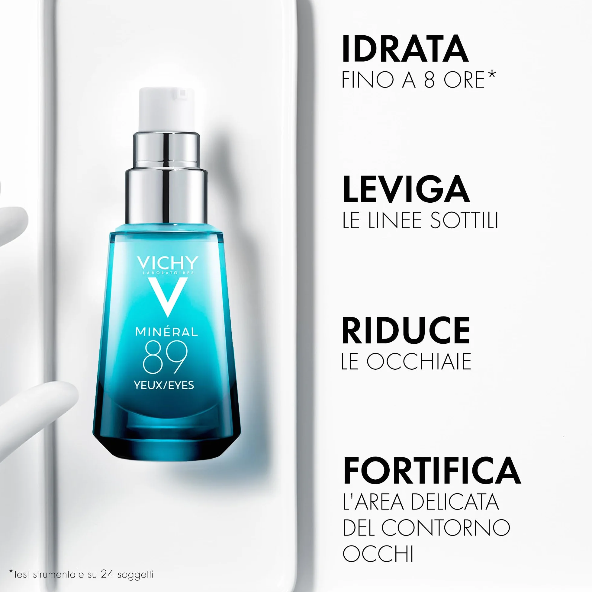 Vichy Minéral 89, Gel Occhi Fortificante, Per Tutti i Tipi di Pelle, 8H di Idratazione, Riduce Borse, Occhiaie e Linee Sottili, Con Caffeina, Acido Ialuronico e Acqua Vulcanica, 15 ml