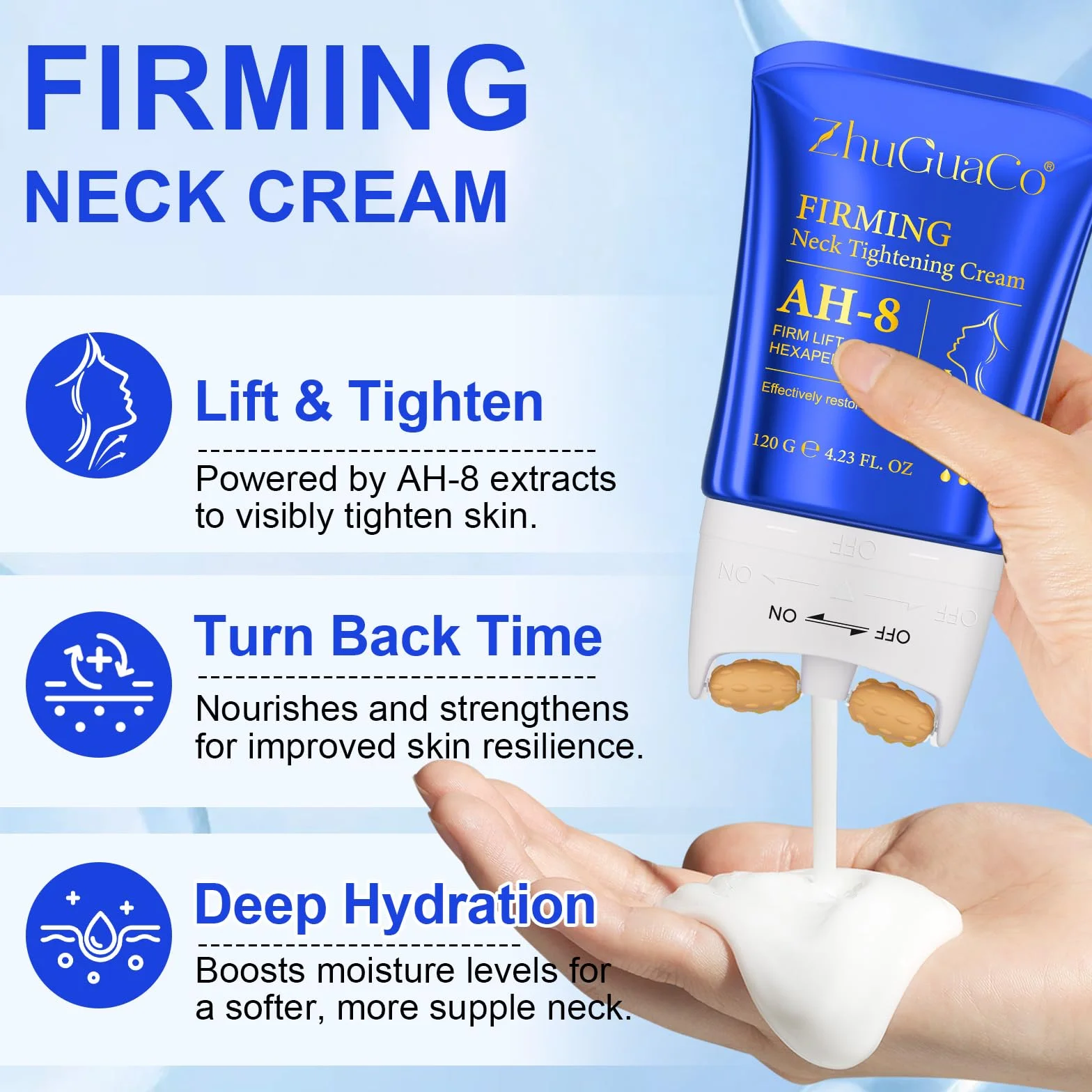 AH-8 Crema Rassodante per il Collo,120g Crema Rassodante per il Collo all'Esapeptide con Rullo, Idratante, Anti-Rughe, Riduce Rughe, Linee Sottili e Doppio Mento, Effetto Liftante